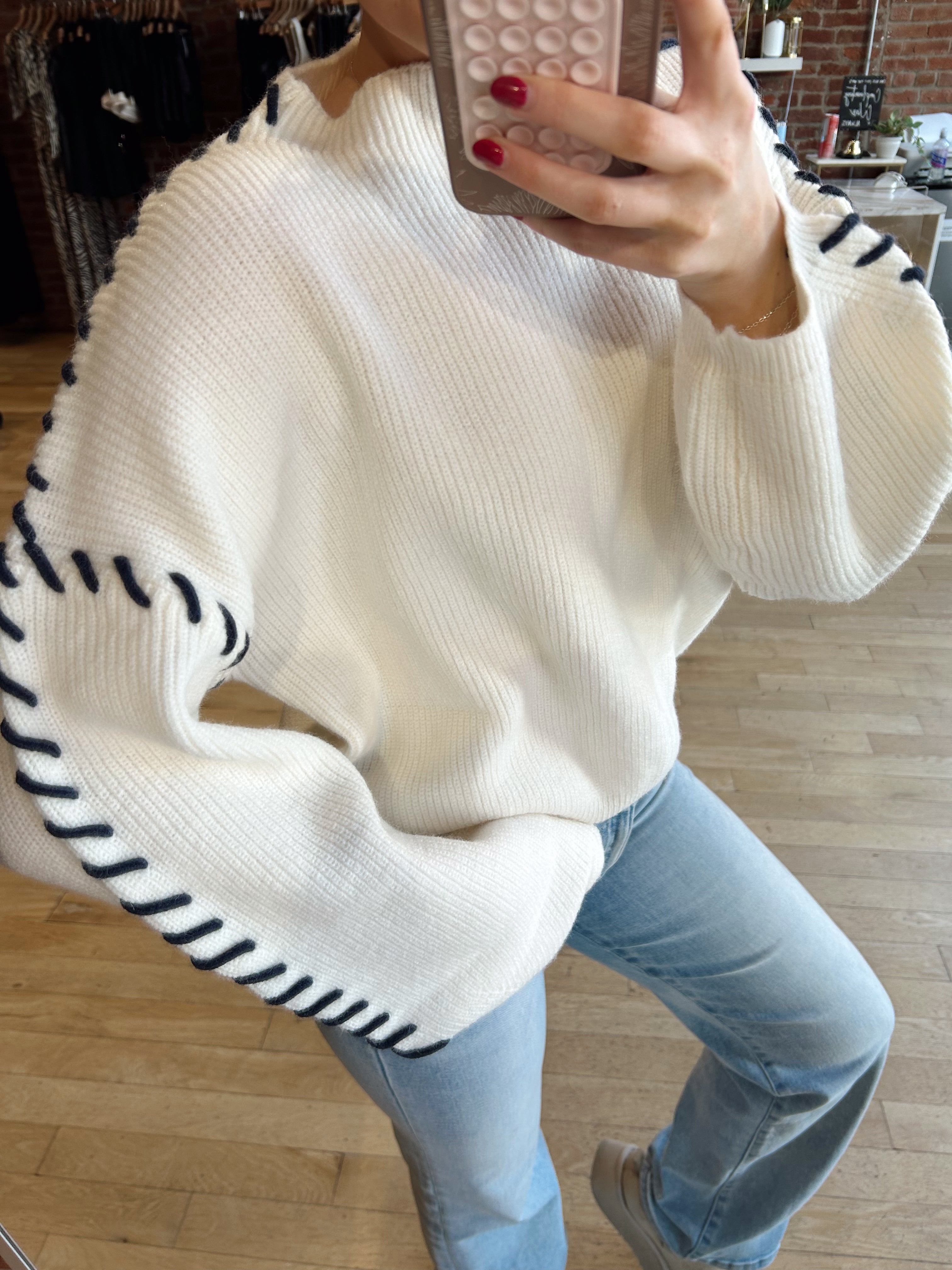 Lexi Cream Sweater With Navy Stitching