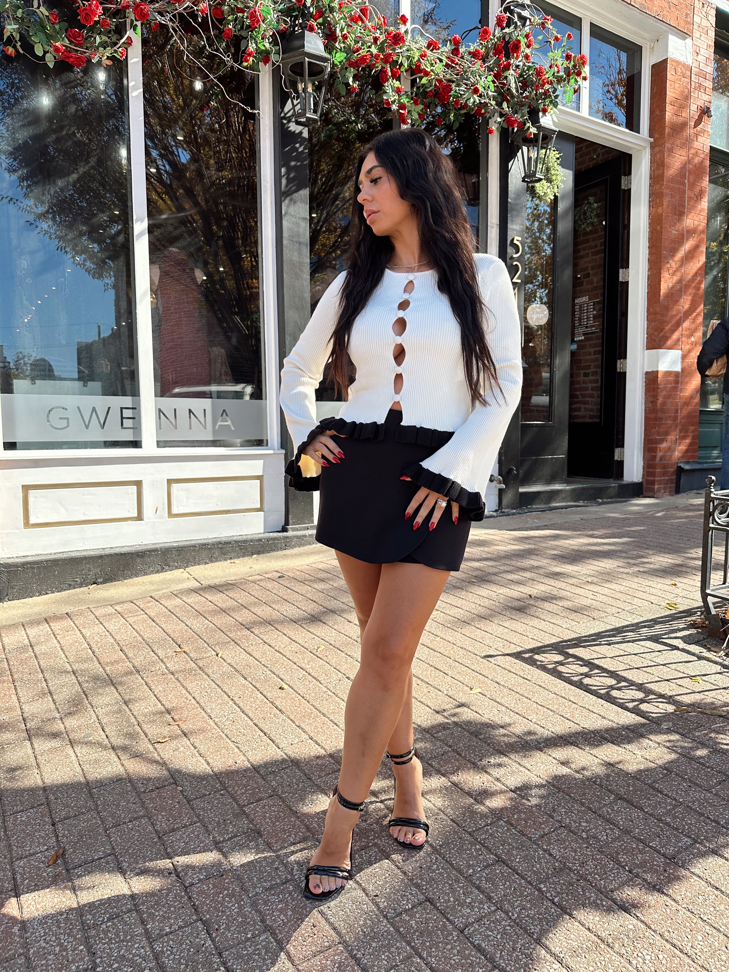 Lucia White and Black Contrast Long Sleeve Cut Out Top