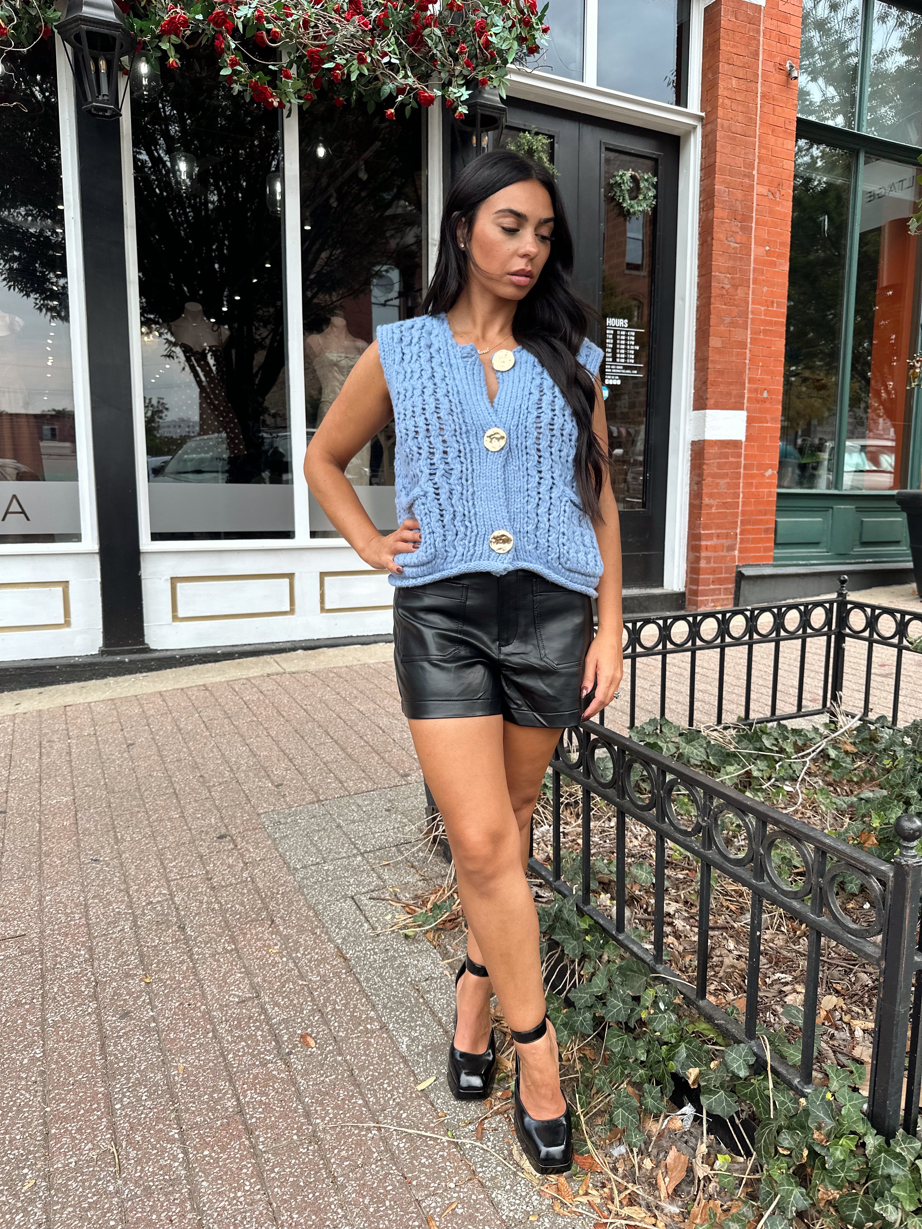Drew Chunky Blue Knit Sweater Button Up