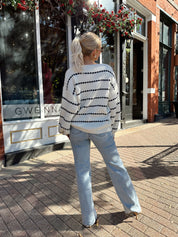 Monroe White and Navy Striped Crew Sweater