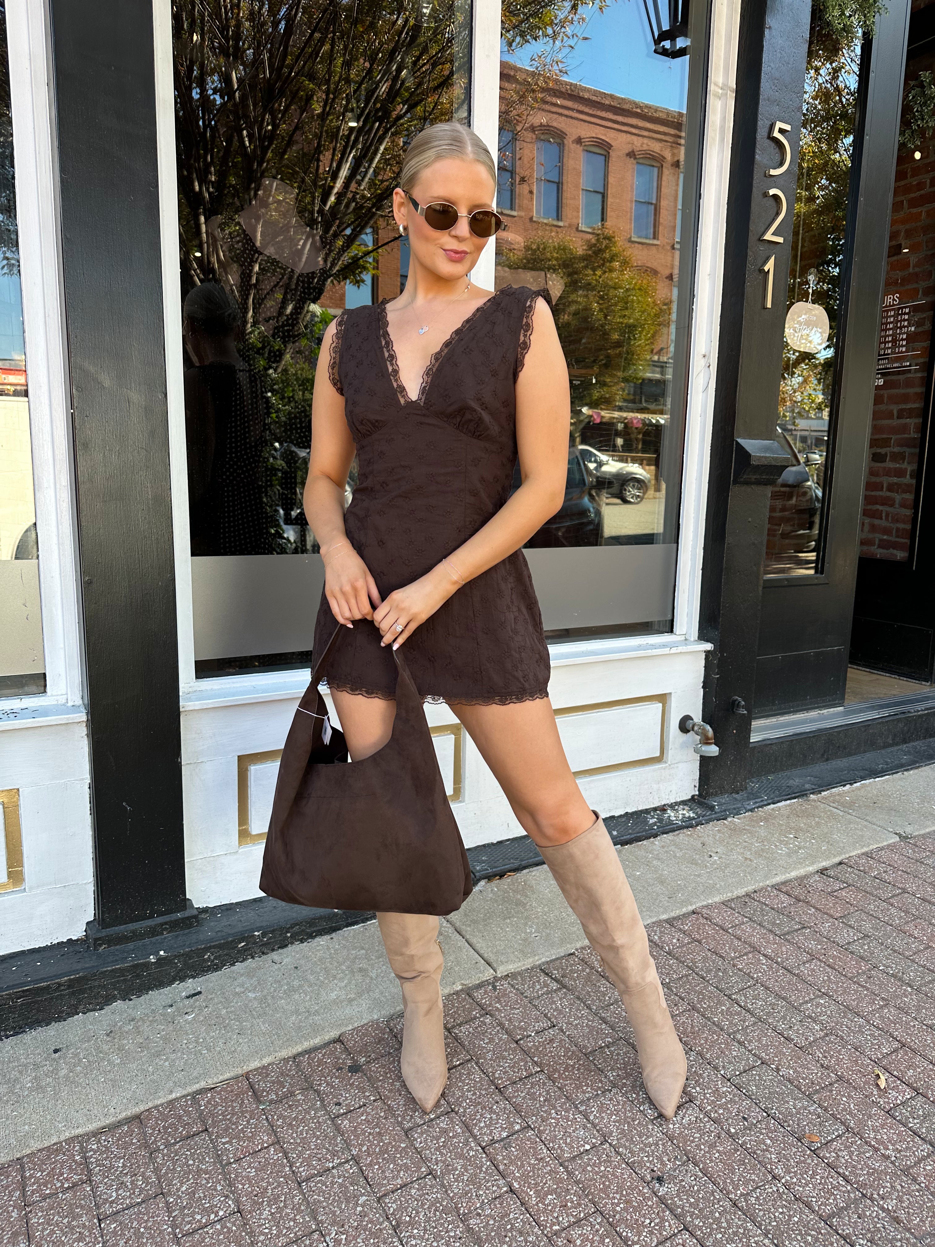 Pacey Chocolate Suede Shoulder Bag