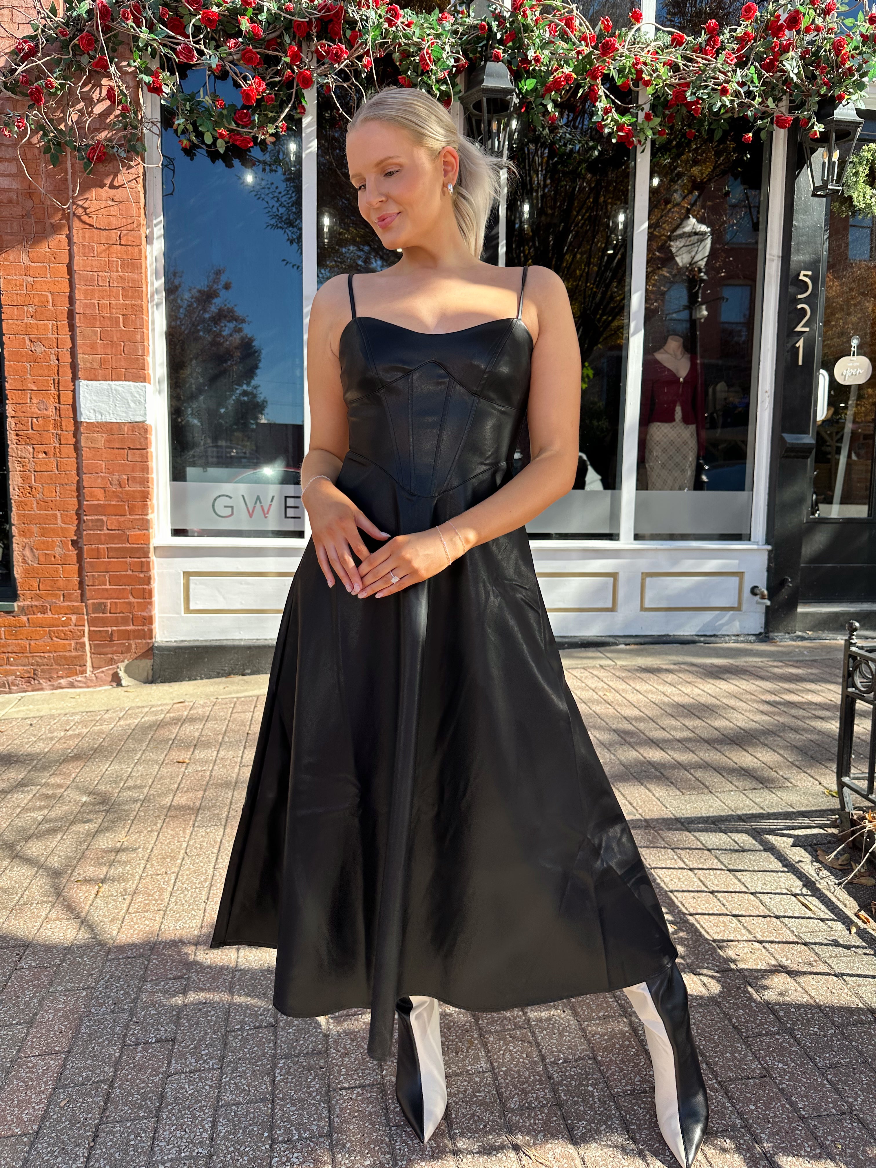 Nico Spaghetti Strap Leather Midi Dress