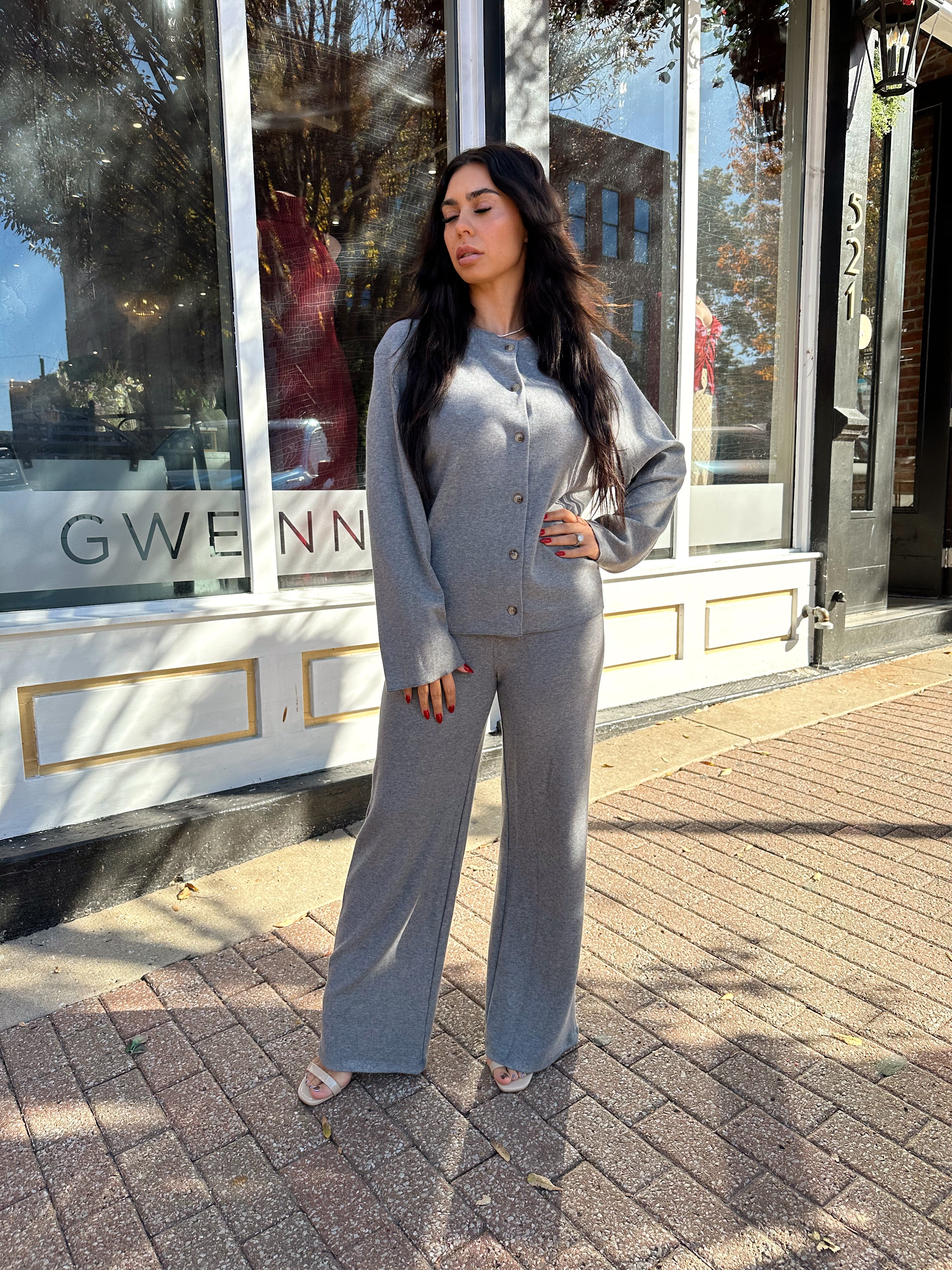 Kaycee Grey Cardigan and Wide Leg Pant Two-Piece Set