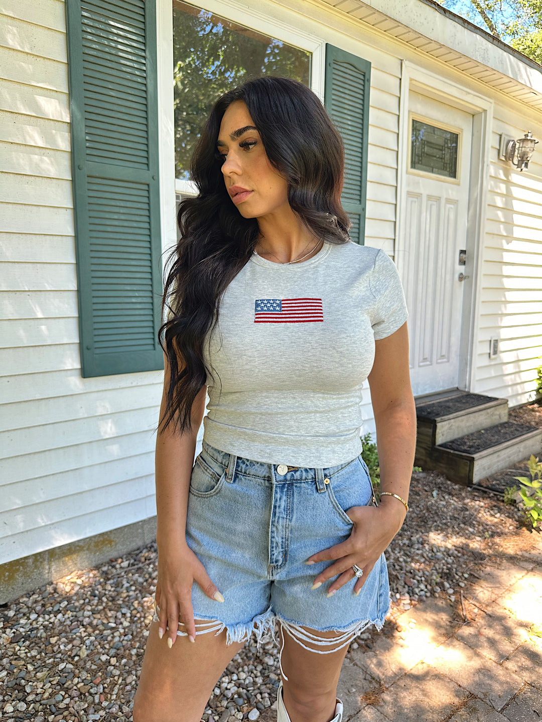 Embroidered American Flag Baby Tee- Grey