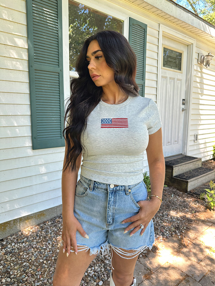 Embroidered American Flag Baby Tee- Grey