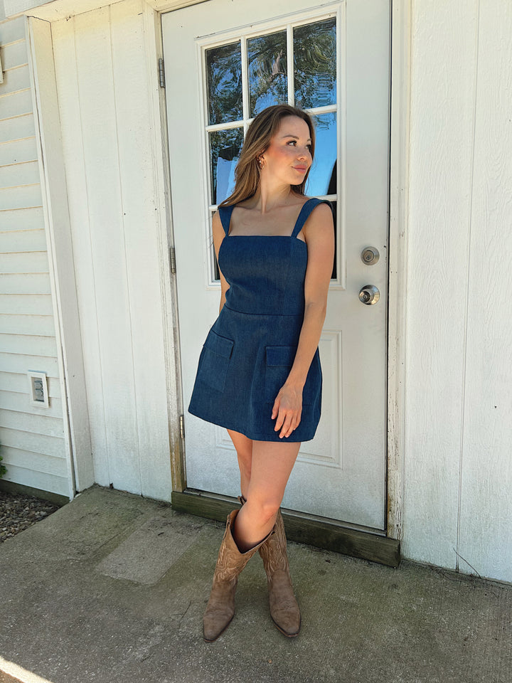 Carter Dark Wash Denim Square Neck Mini Dress