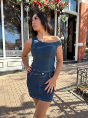 Jett Dark Wash Denim Asymmetrical Shoulder Mini Dress