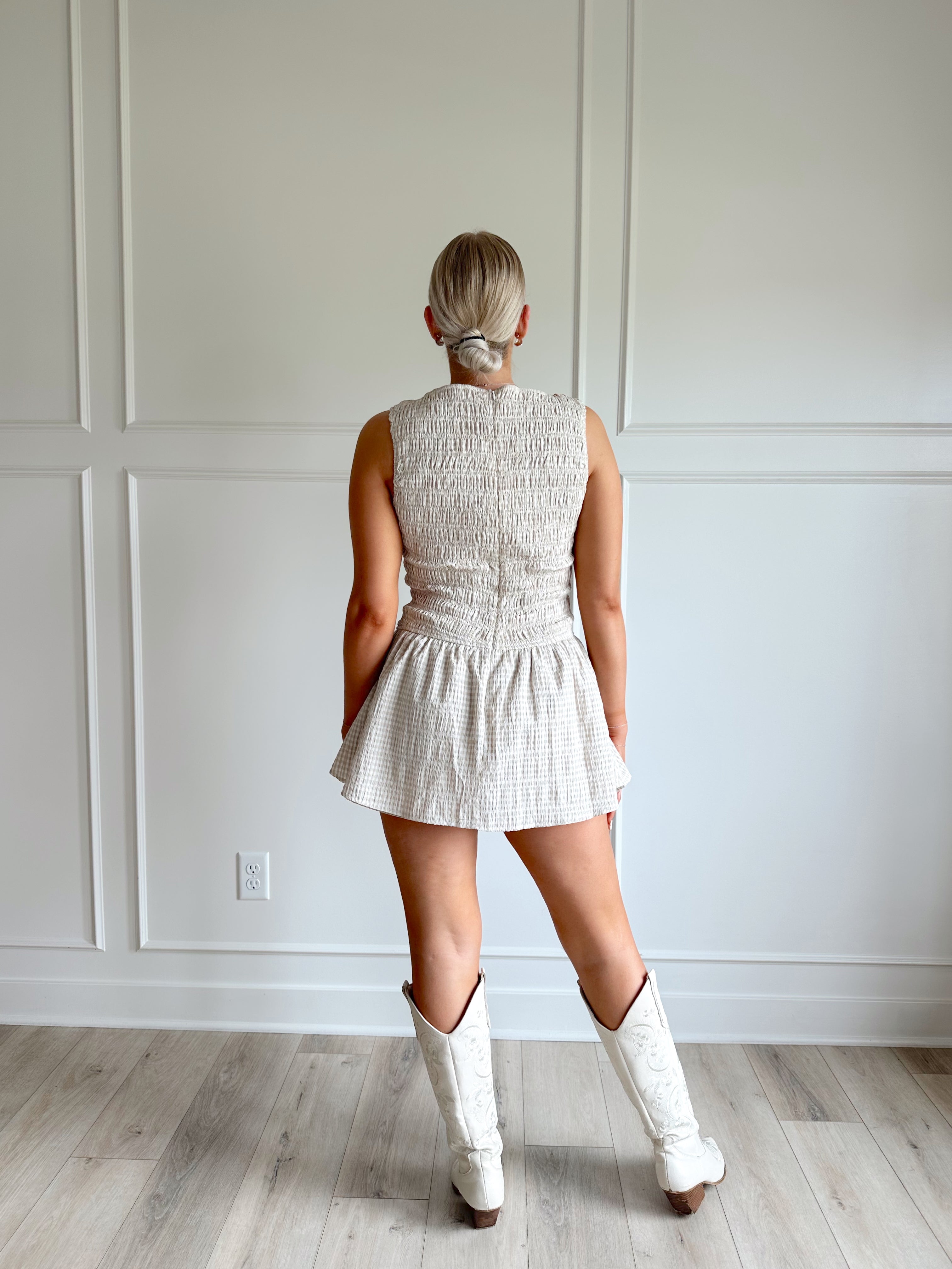 Esme Taupe Gingham Smocked Romper