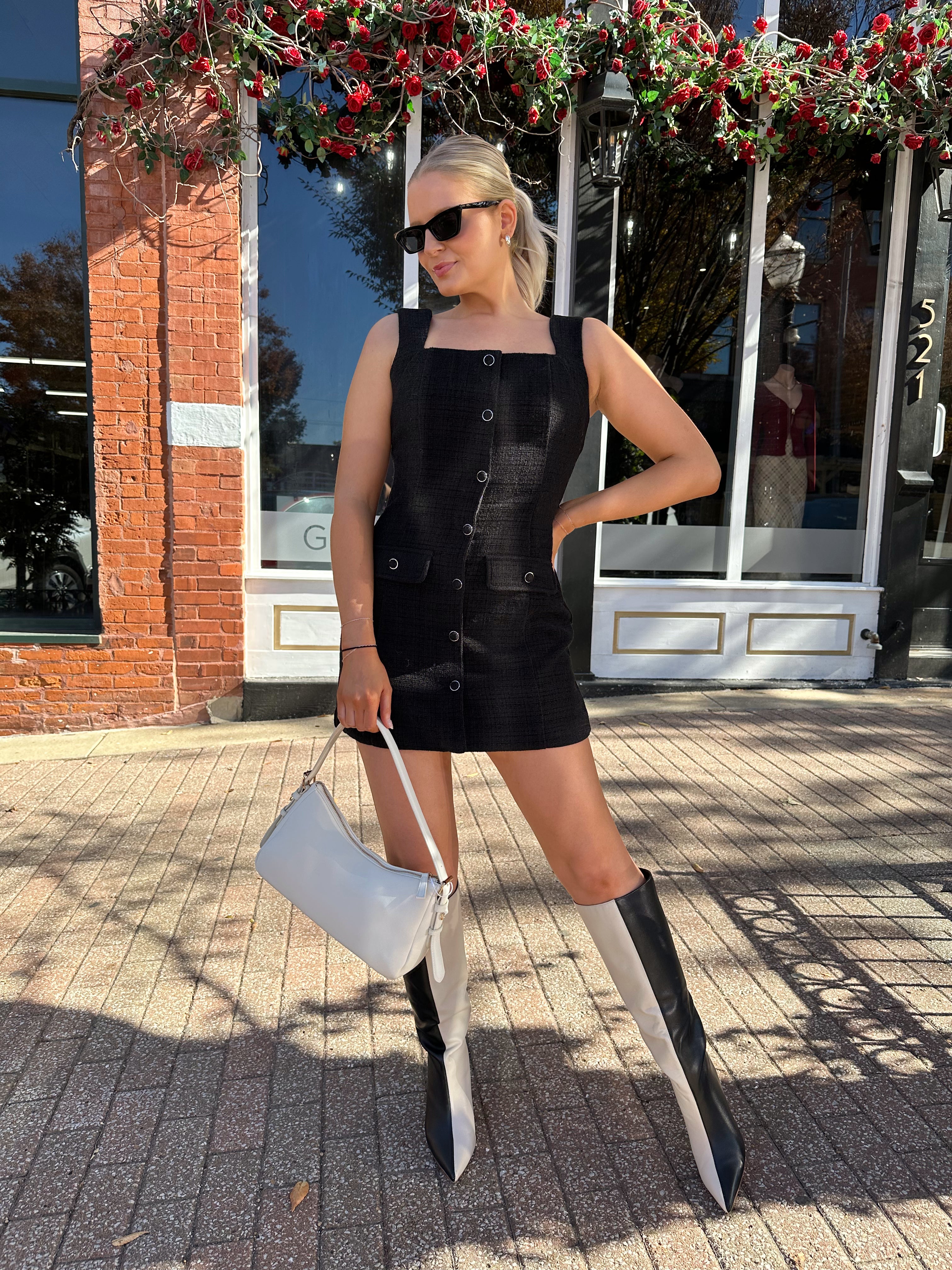 Kleo Black Bouclé Button Down Mini Dress