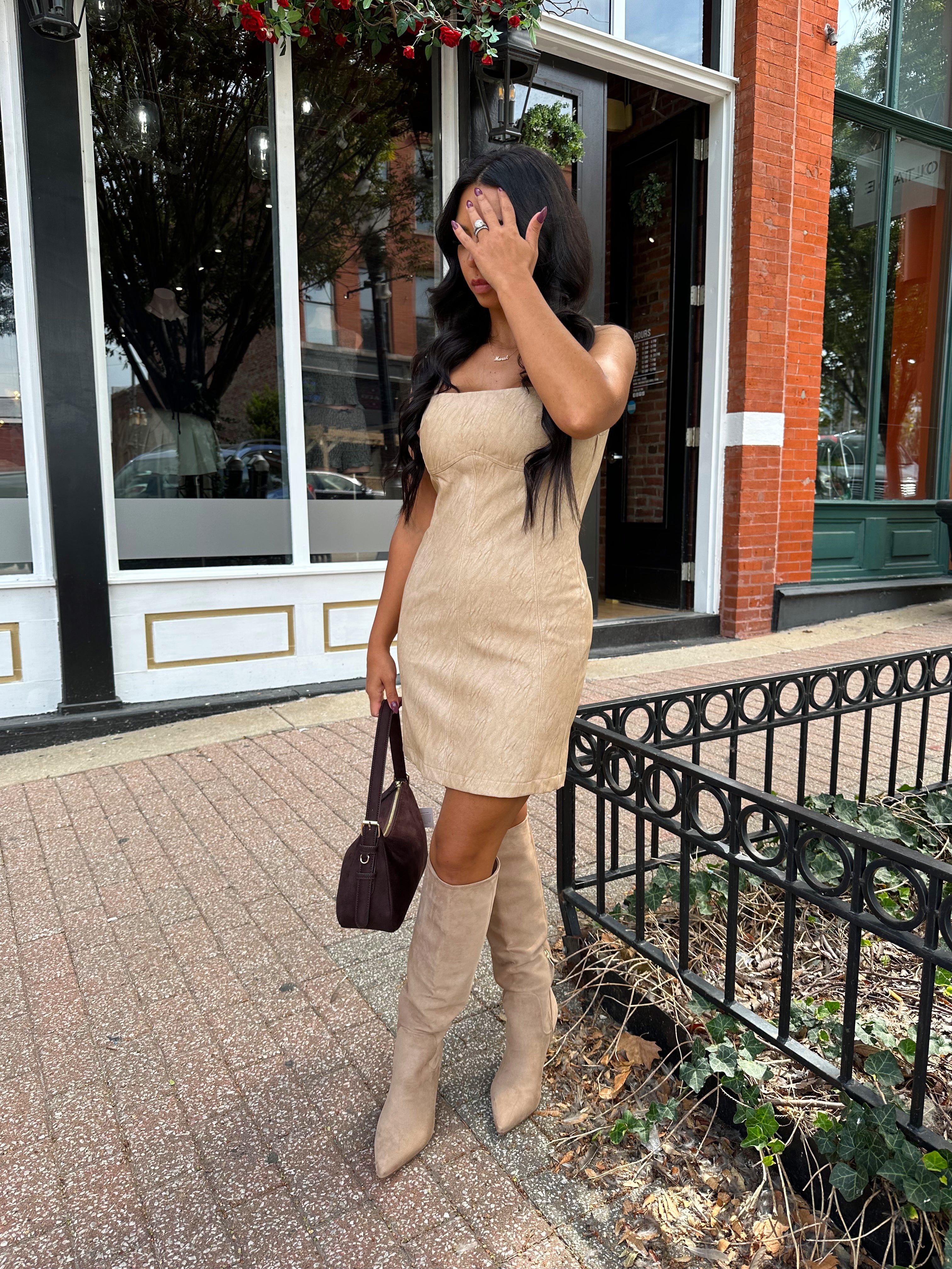 Mara Beige Vegan Leather Mini Dress