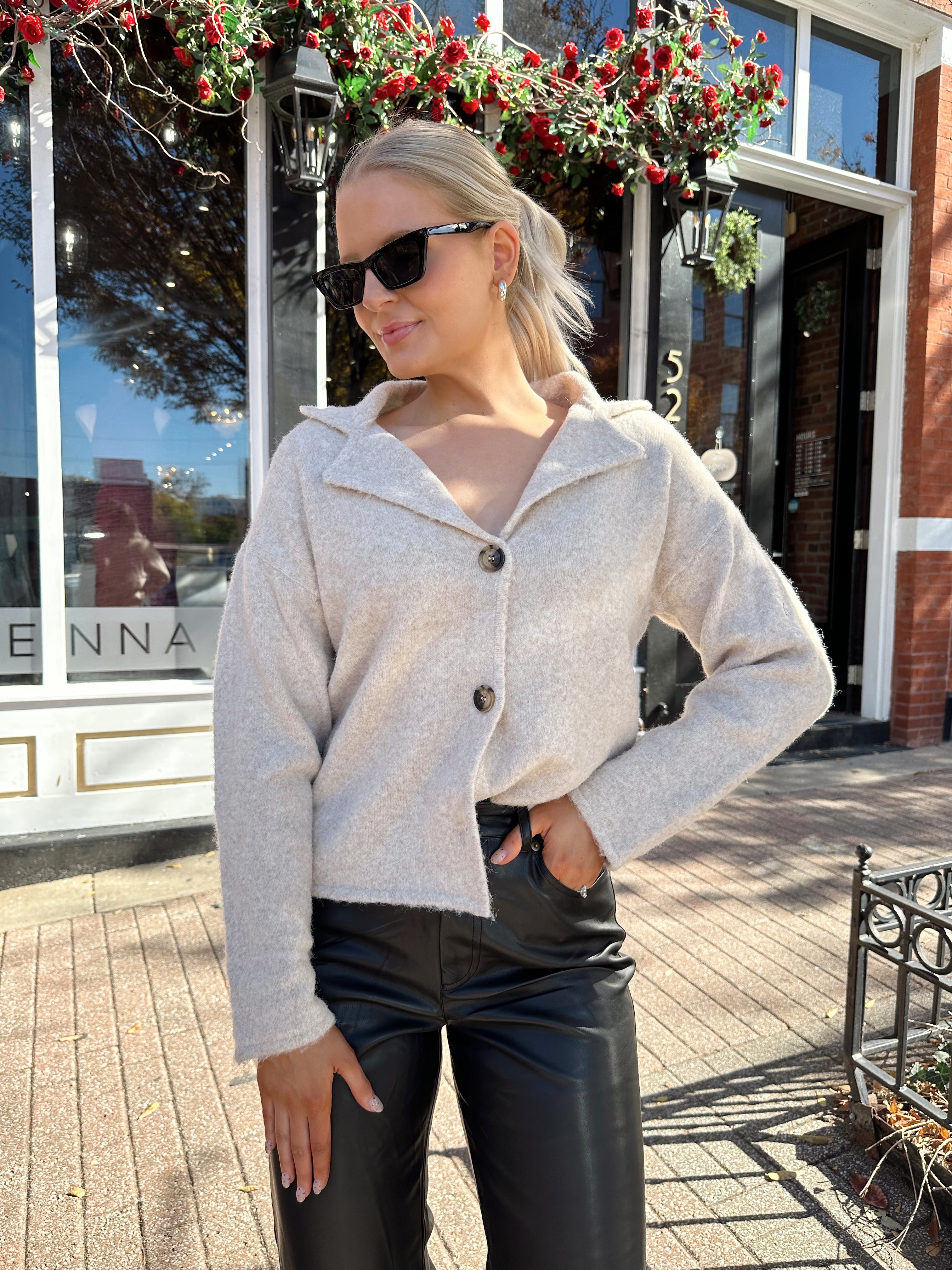 Miley Oatmeal Button Up Collared Cardigan