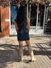 Jett Dark Wash Denim Asymmetrical Shoulder Mini Dress