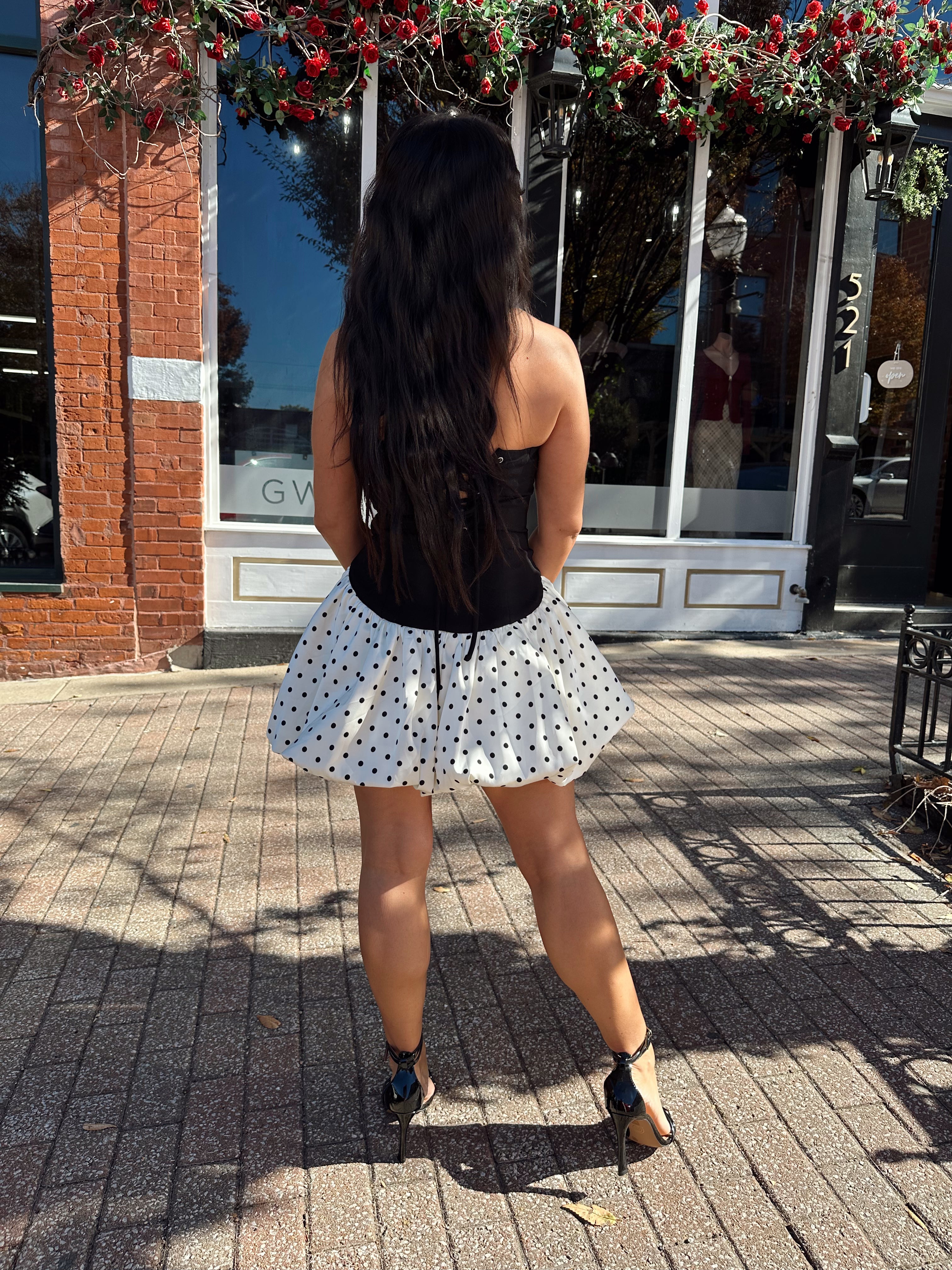 Kala Black and White Polka Dot Bubble Hem Mini Dress