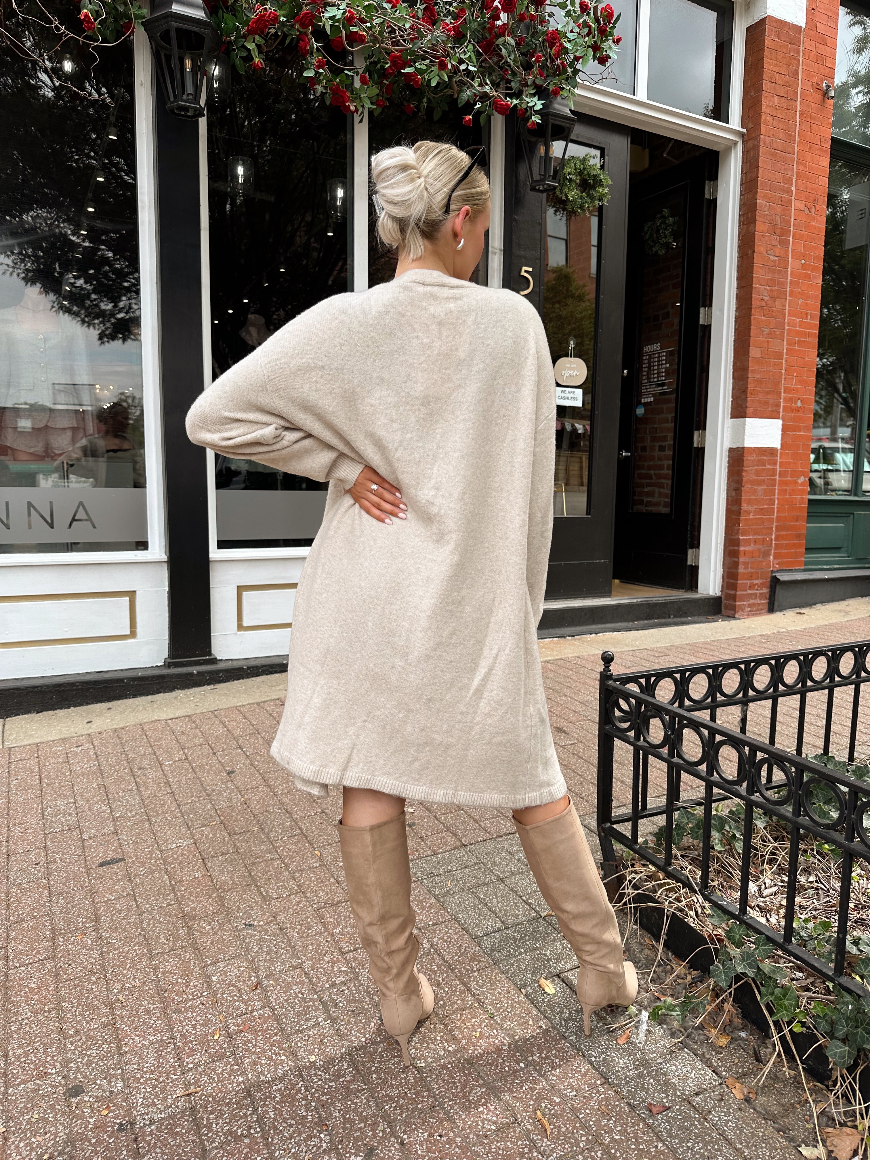 Oatmeal lightweight knit duster cardigan with open front and calf-length silhouette