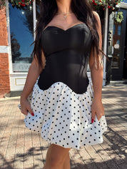Kala Black and White Polka Dot Bubble Hem Mini Dress