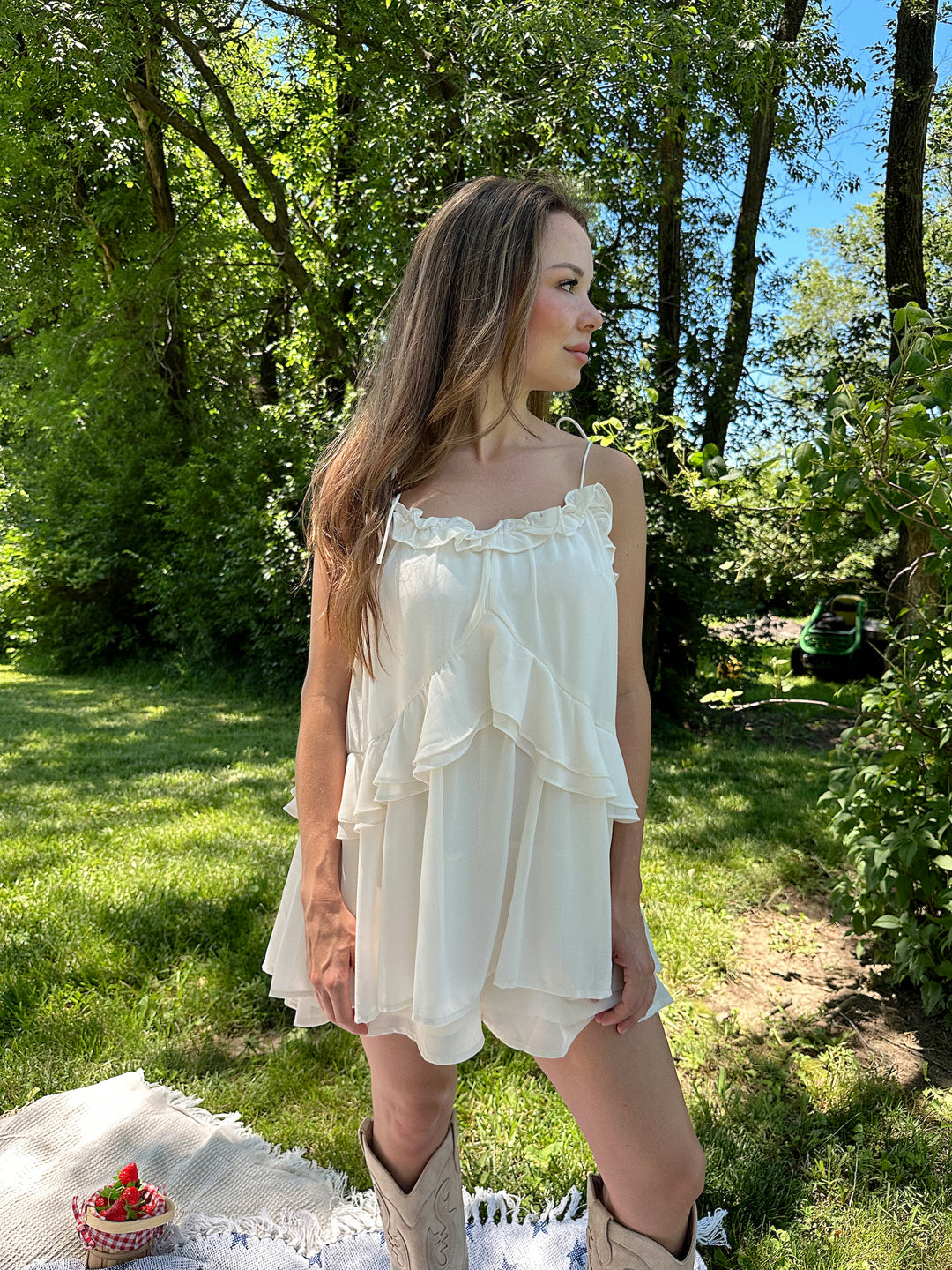 Camille Ivory Ruffle Tie Strap Romper