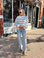 Monroe White and Navy Striped Crew Sweater