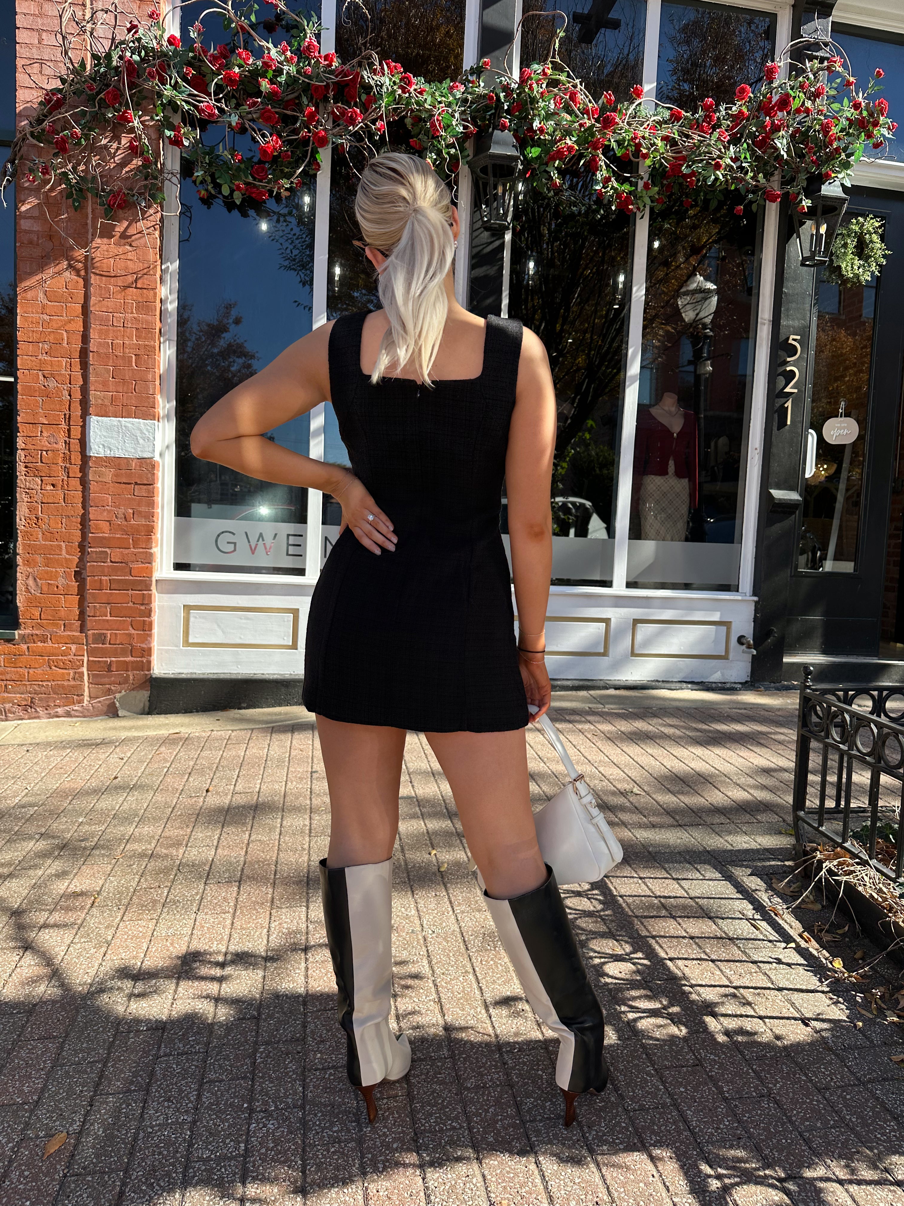 Kleo Black Bouclé Button Down Mini Dress