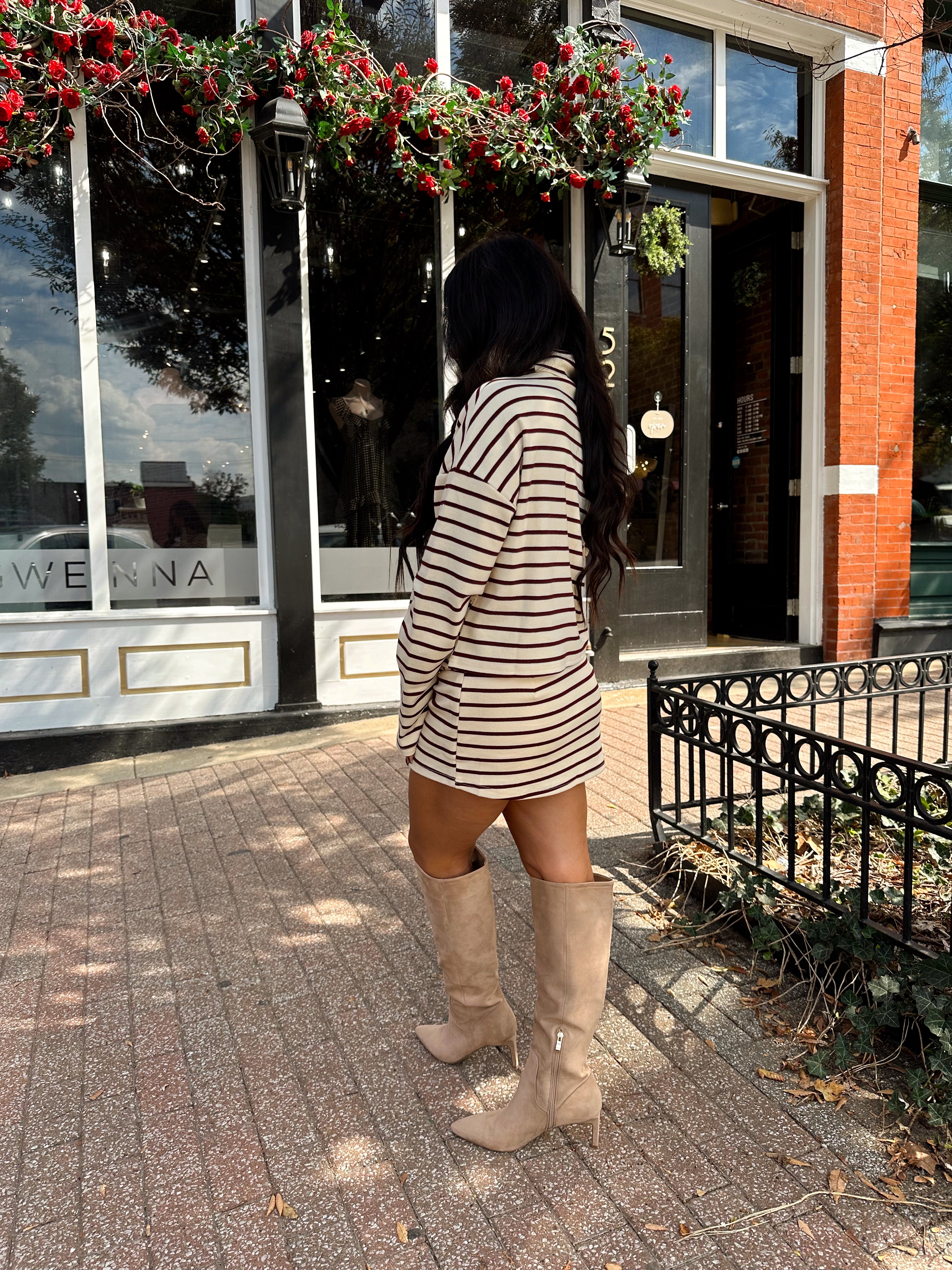 Annabelle Cream and Maroon Striped Two-Piece Skort Set