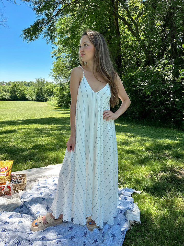 Frankie White and Blue Stripe Tie Maxi Dress
