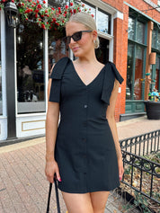 Milan Black Button Down Ribbon Detail Mini Dress