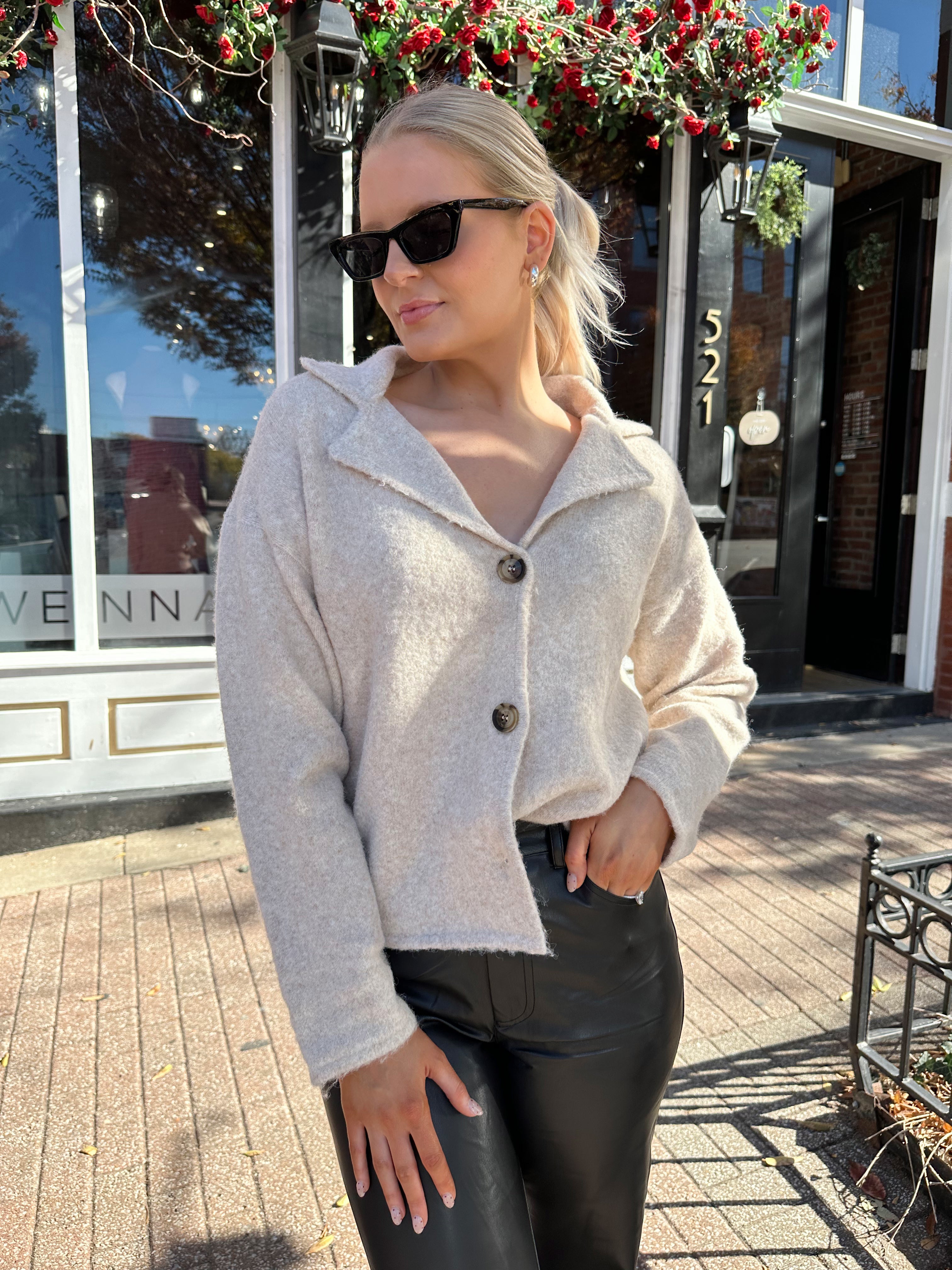 Miley Oatmeal Button Up Collared Cardigan