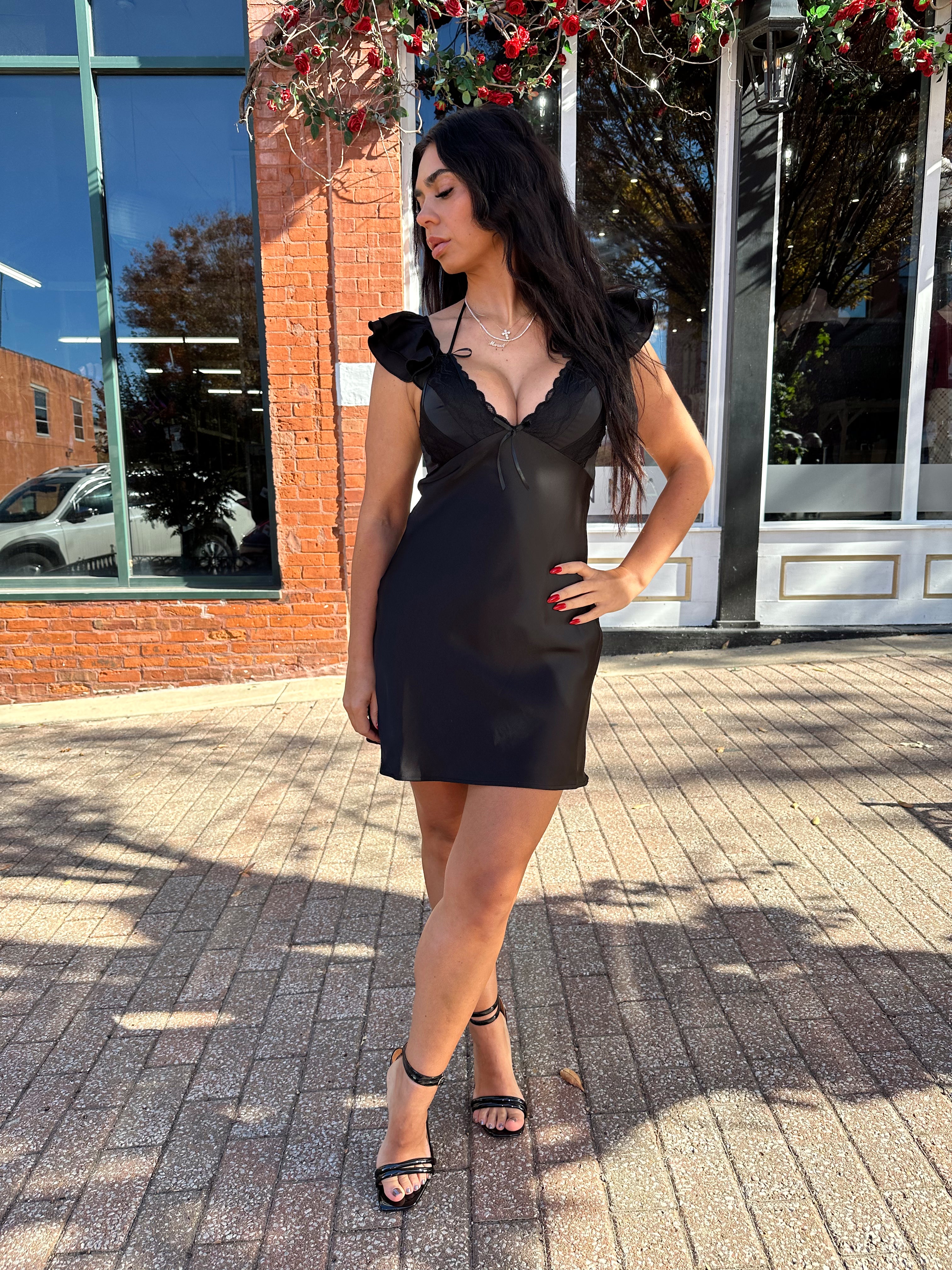 Asa Black Short Sleeve Bow Detail Satin Mini Dress