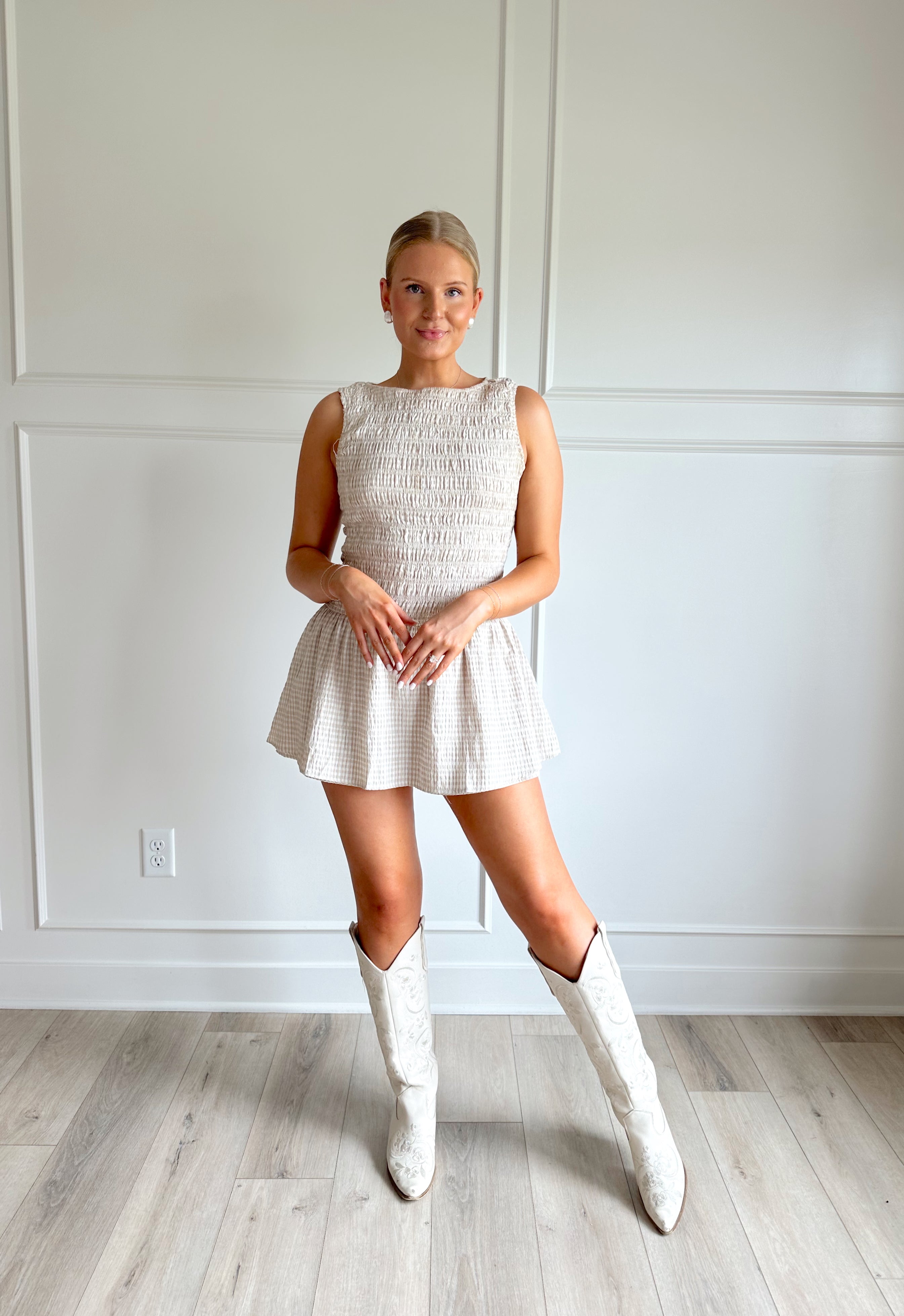 Esme Taupe Gingham Smocked Romper