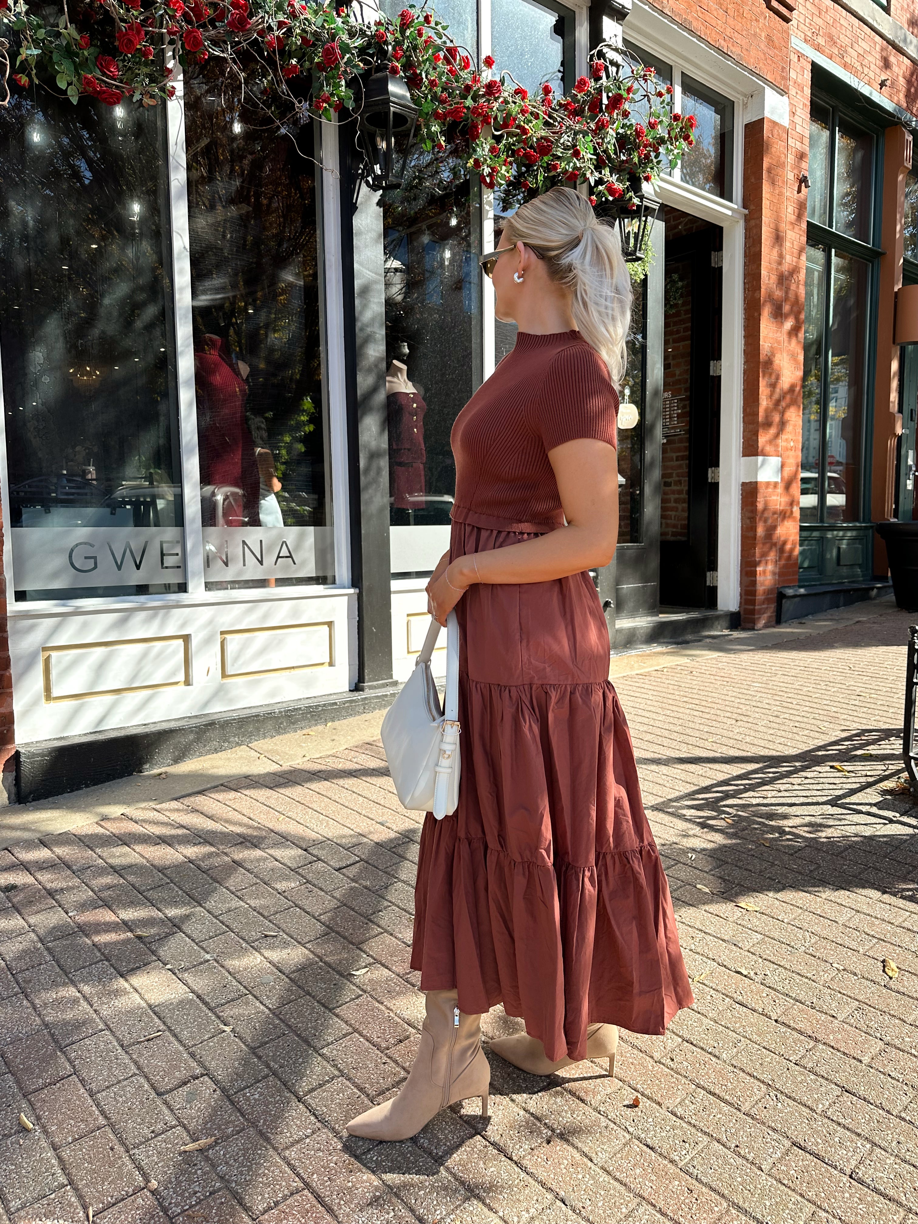 Clementine Rust Mock Neck Midi Dress