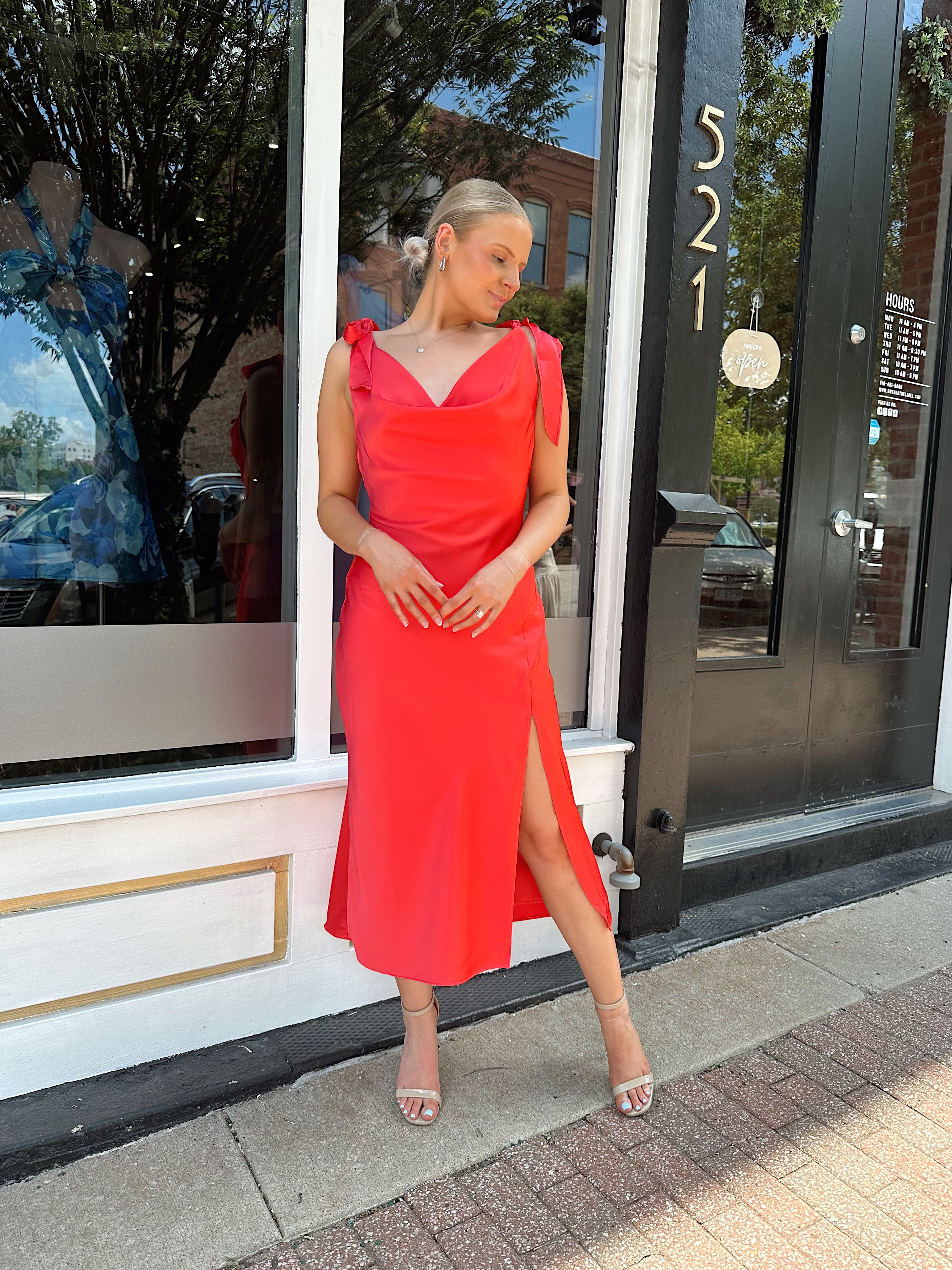 Cara Coral Satin Cowl Neck Midi Dress
