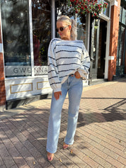 Monroe White and Navy Striped Crew Sweater