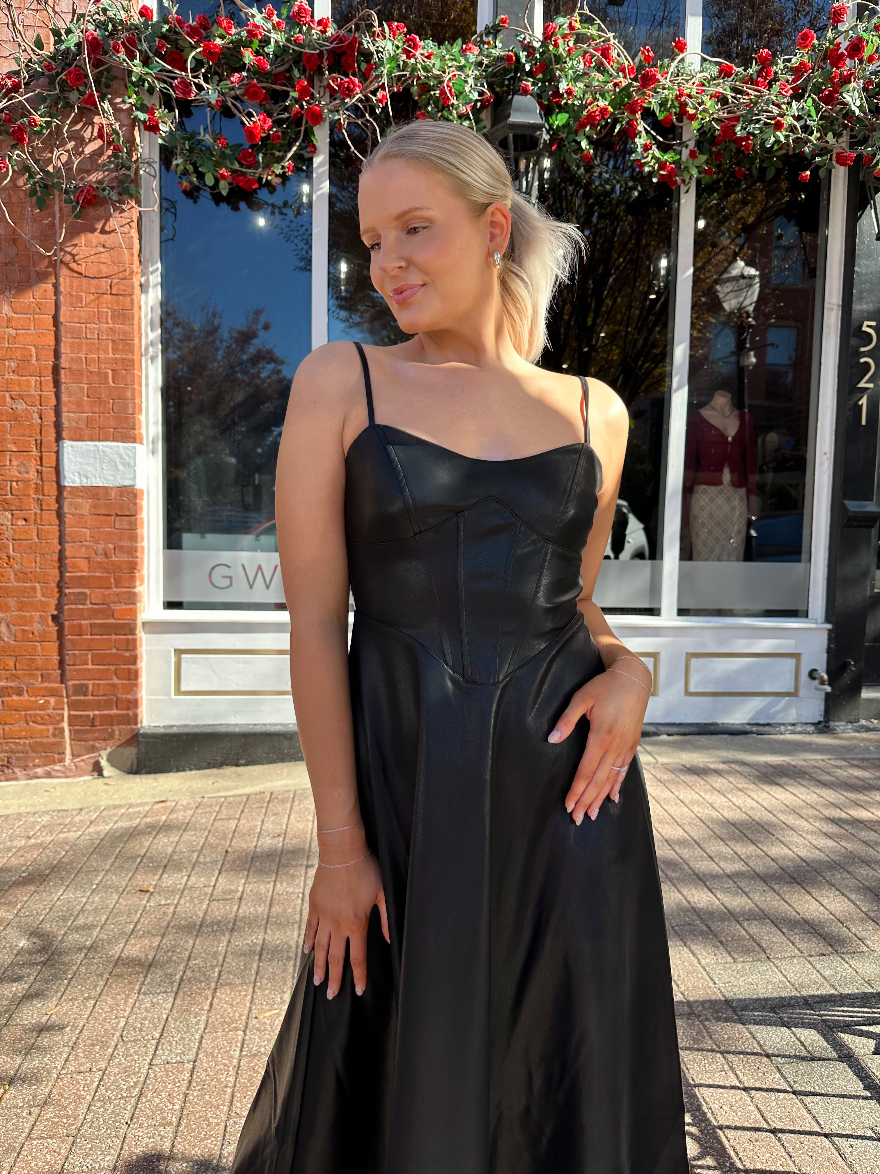 Nico Spaghetti Strap Leather Midi Dress