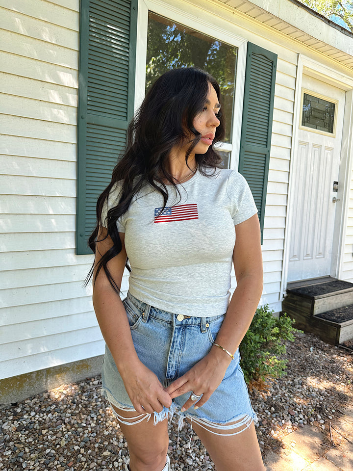 Embroidered American Flag Baby Tee- Grey