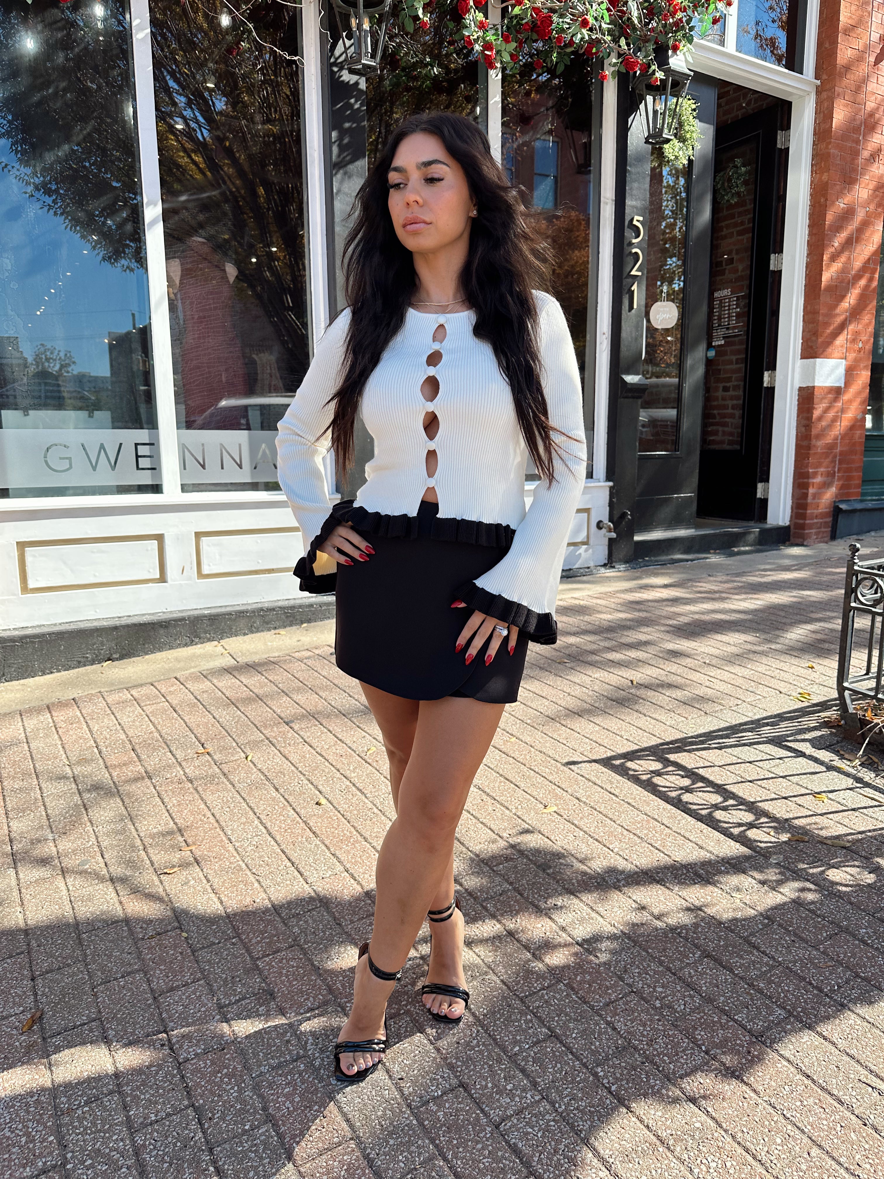 Lucia White and Black Contrast Long Sleeve Cut Out Top