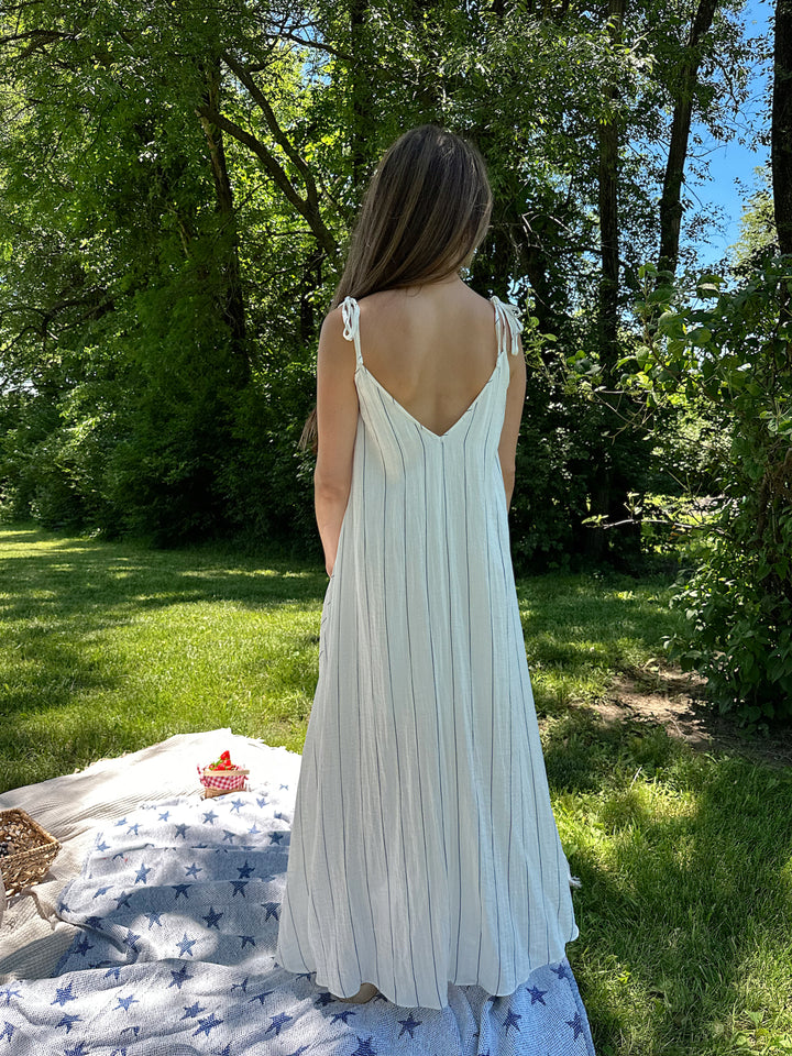 Frankie White and Blue Stripe Tie Maxi Dress