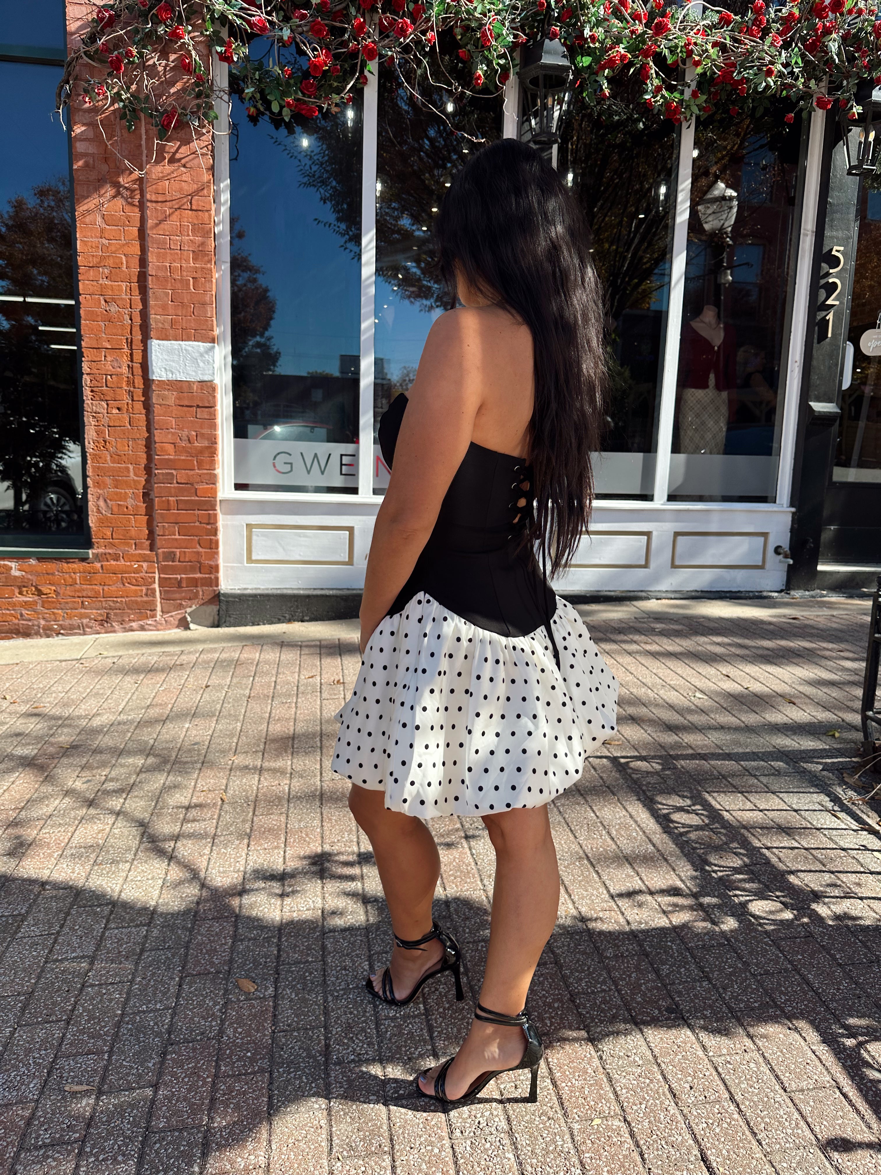 Kala Black and White Polka Dot Bubble Hem Mini Dress