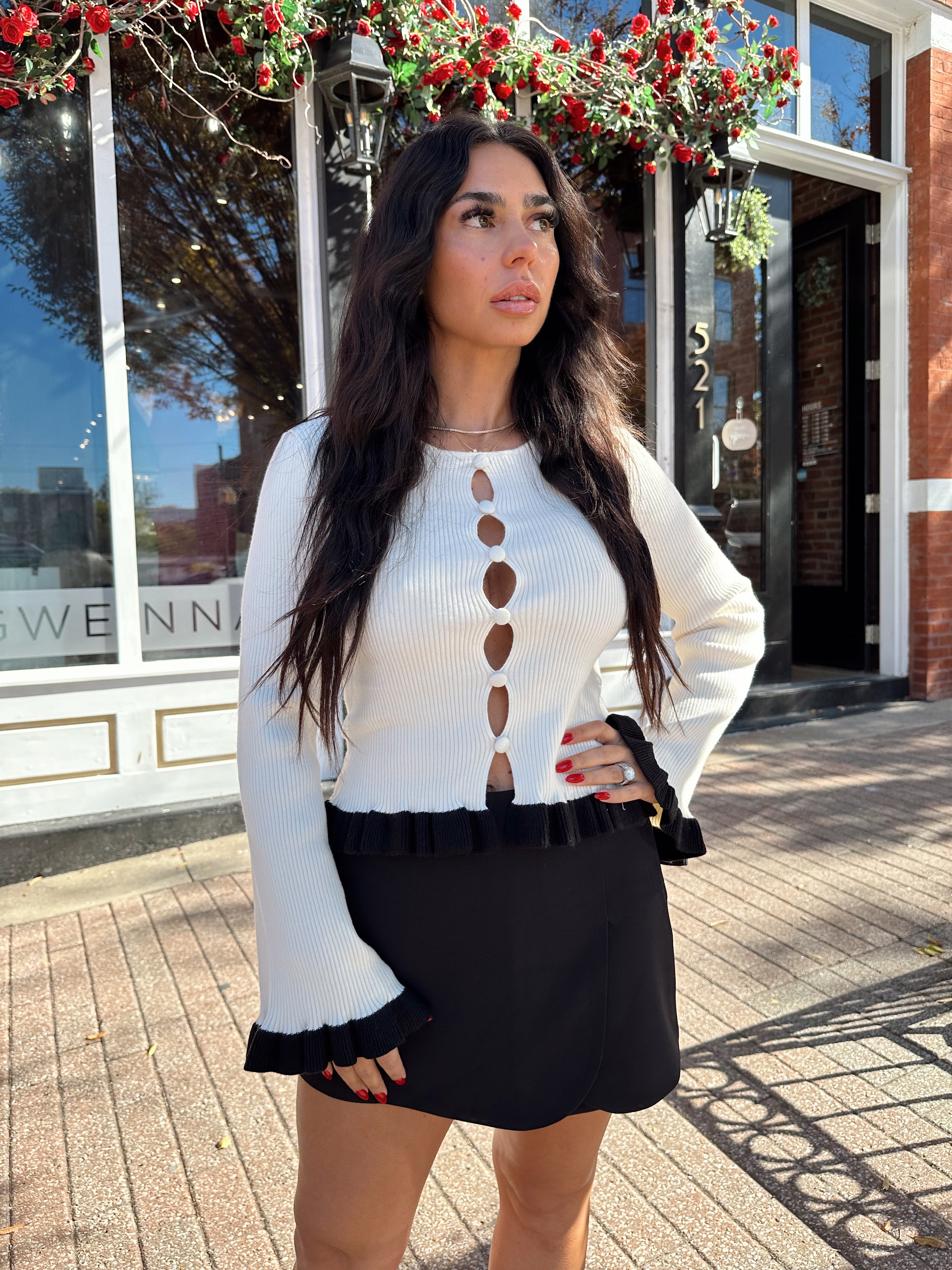 Lucia White and Black Contrast Long Sleeve Cut Out Top