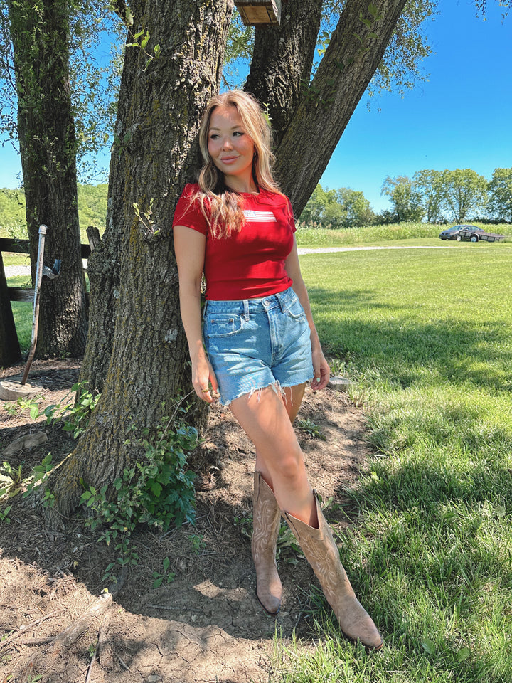 Embroidered American Flag Baby Tee- Red