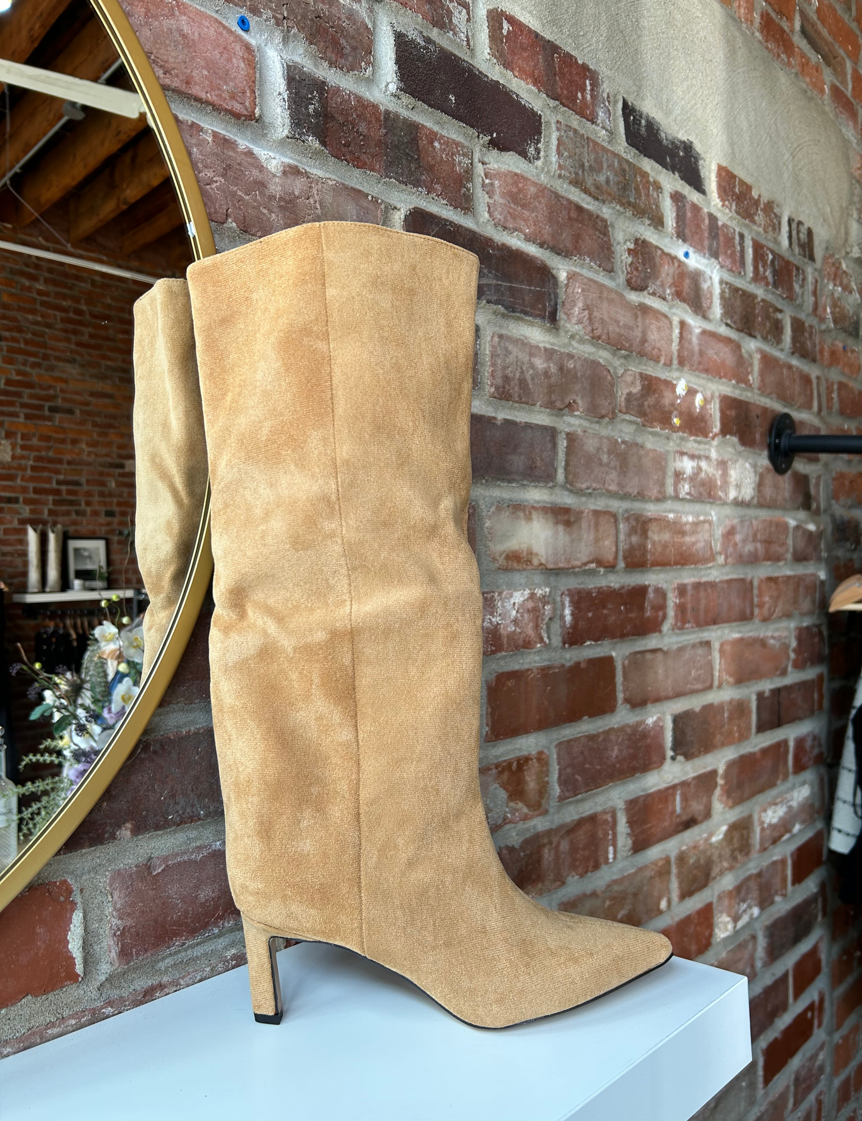 Camel suede knee boot with wide calf and 2.5 inch heel.