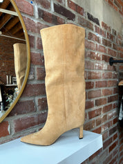 Camel suede knee boot with wide calf and 2.5 inch heel.