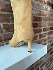Camel suede knee boot with wide calf and 2.5 inch heel.