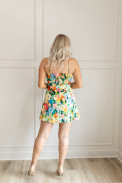 Satin floral halter mini dress with watercolor print and waist cutout
