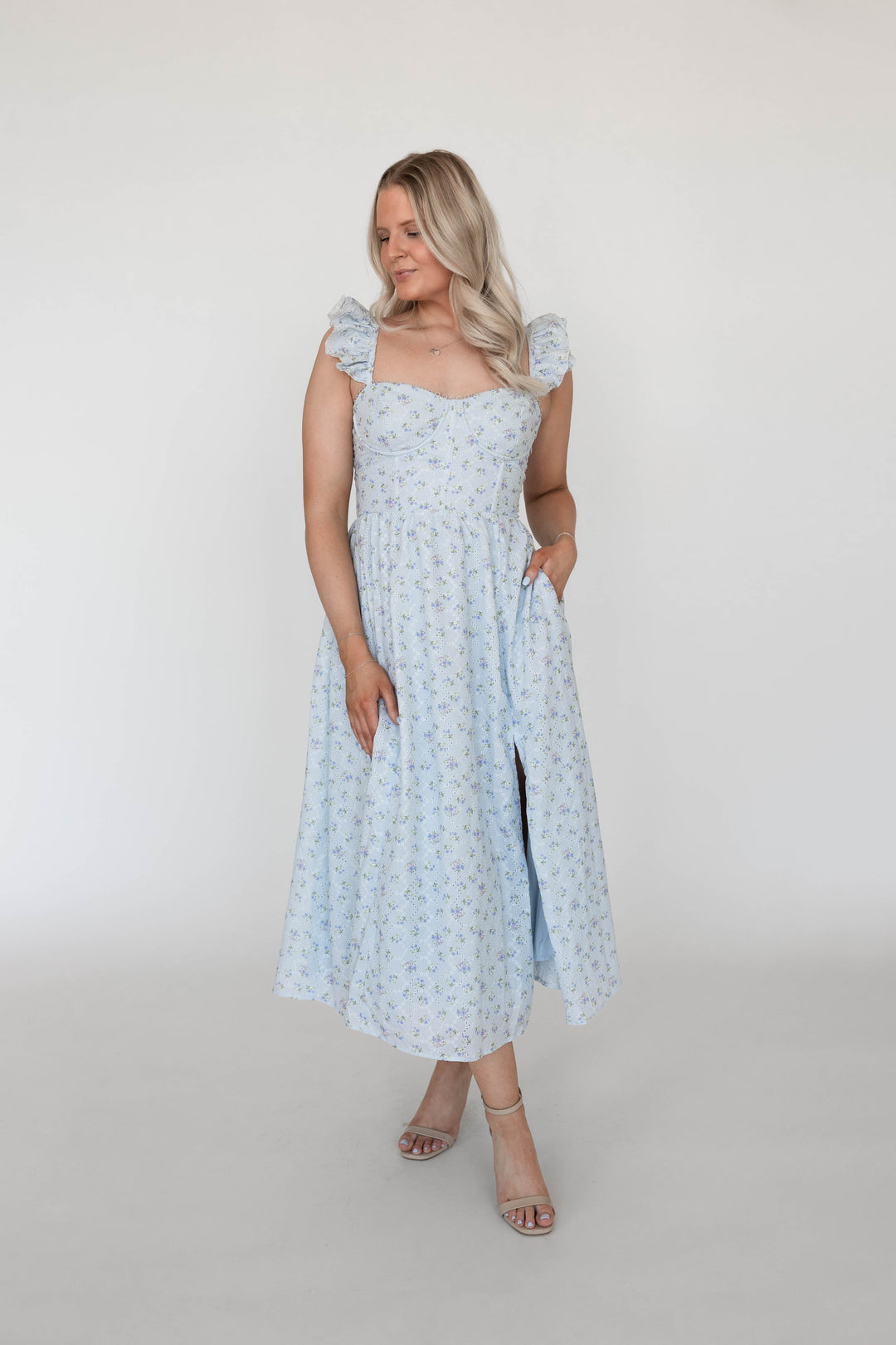 midi blue dresses Blue Floral Eyelet Midi Dress
