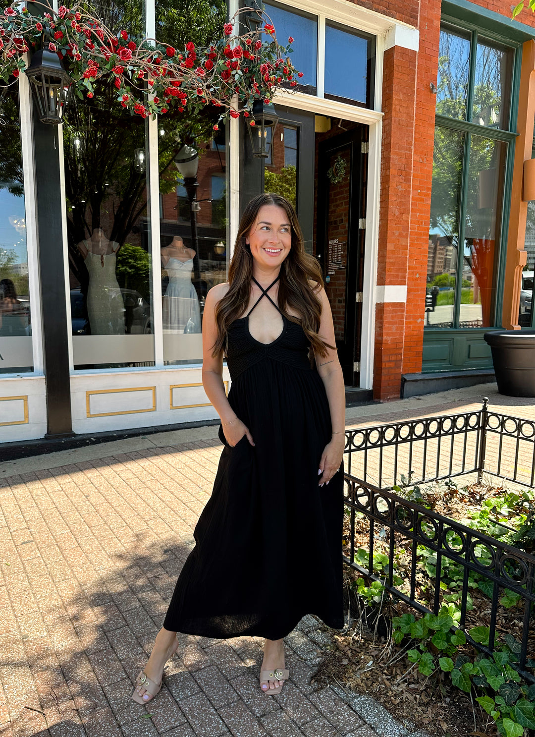 flowers for a black prom dress Black Crochet Contrast Midi Dress