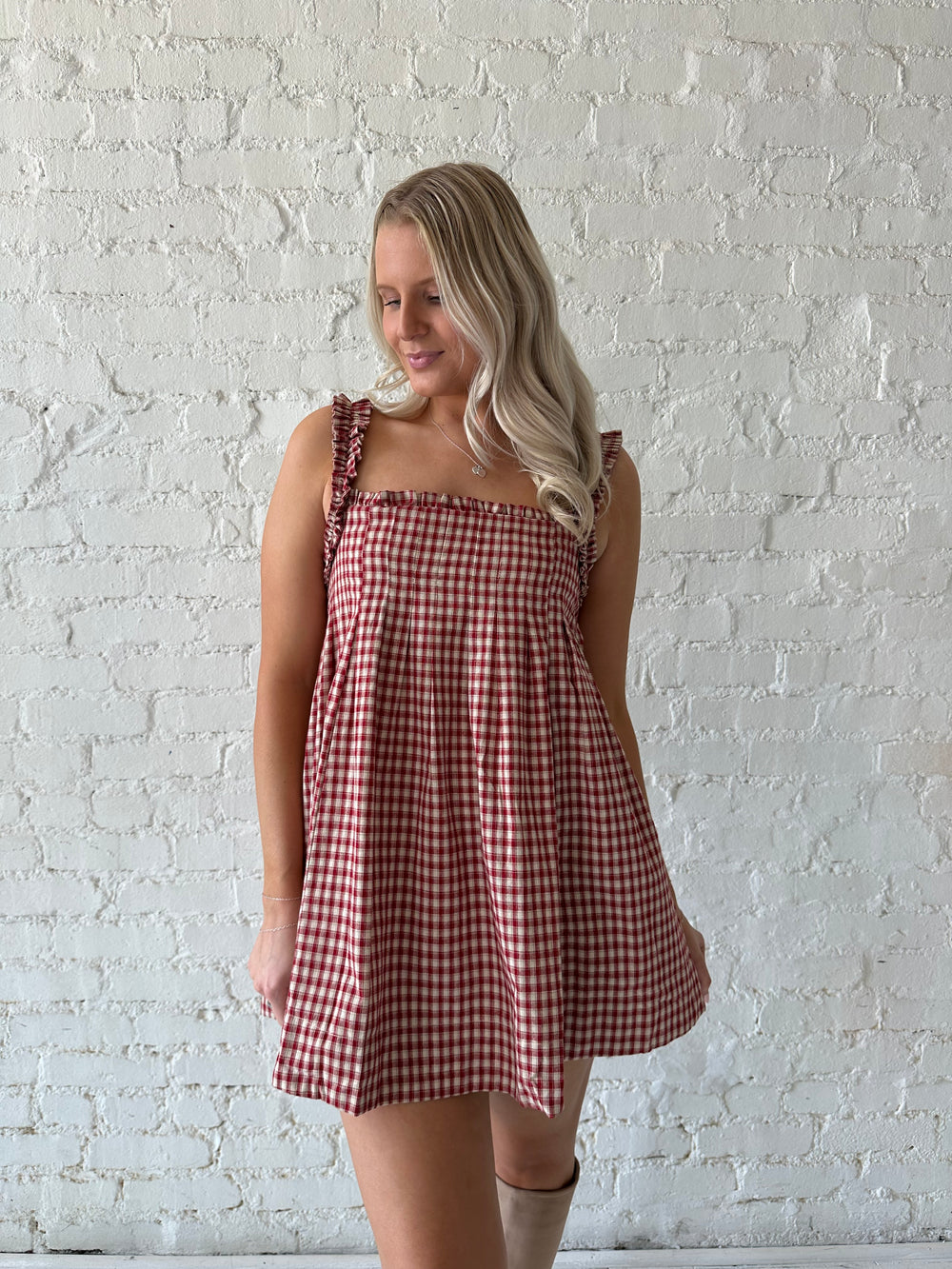 red plaid mini dress Emery Fits true to size Red Plaid Babydoll Mini Dress