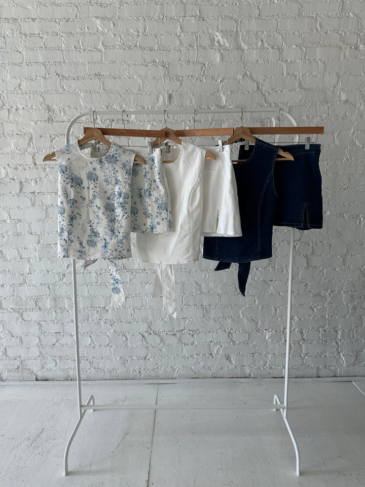 Blue floral, white denim, dark wash denim two piece mini skirt sets.