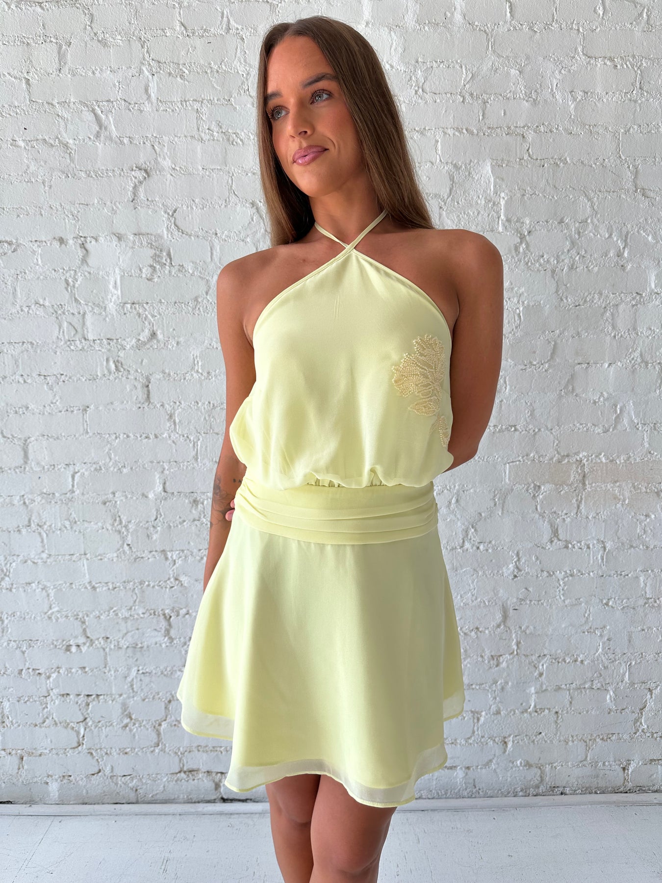 Yellow Chiffon Halter Neck Mini Dress