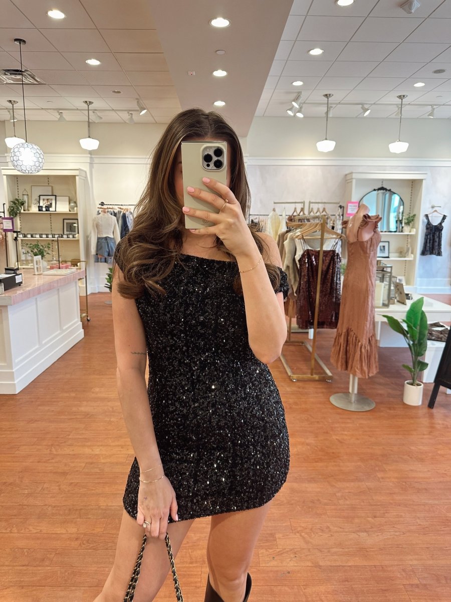 black sequin asymmetrical dress UNDRESS | MARGO black sequin asymmetric cocktail dress | Women's Black Midi dresses