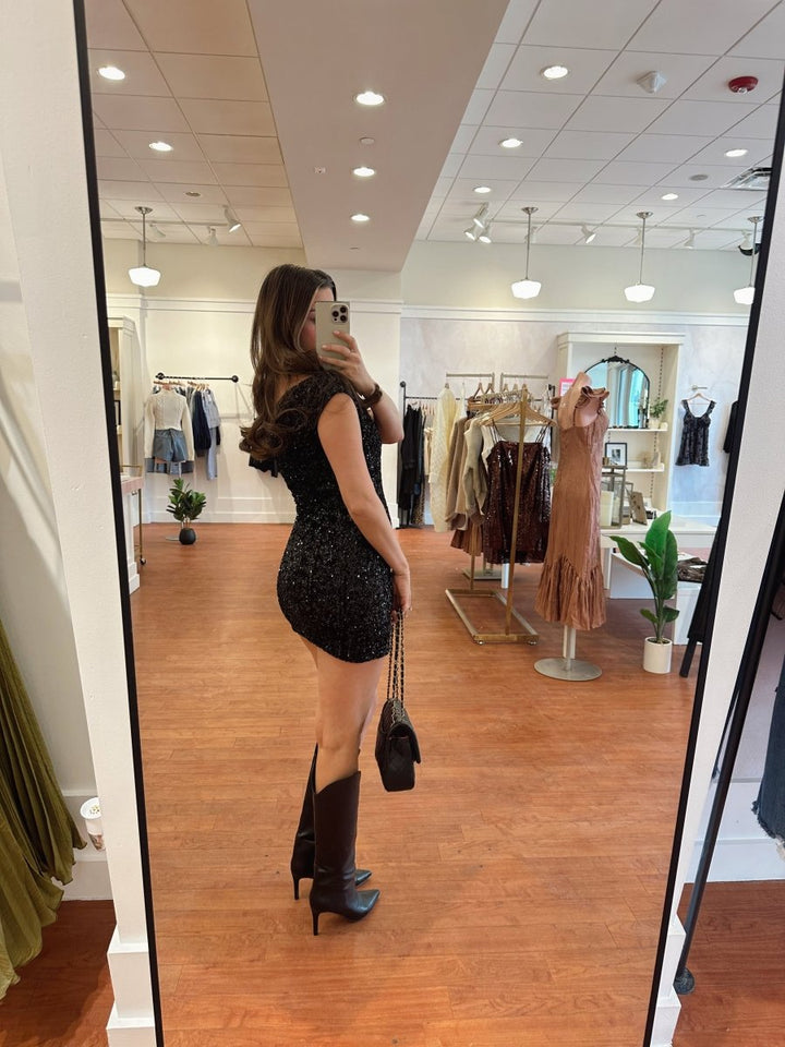 Ada Black Sequin Asymmetrical Mini Dress - Gwenna The Label