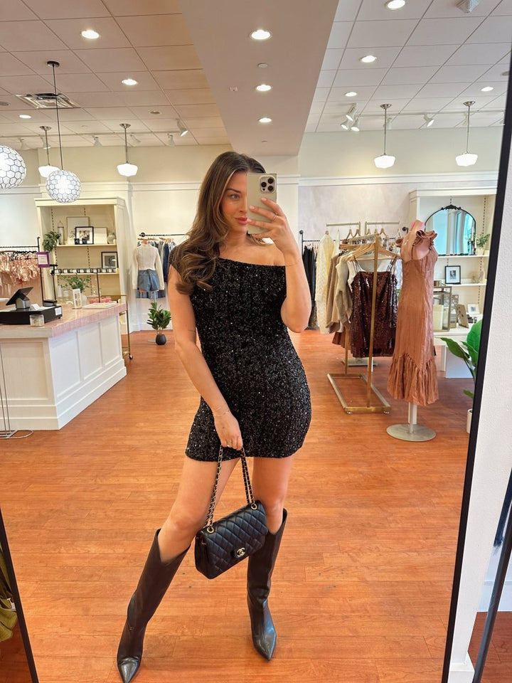 Ada Black Sequin Asymmetrical Mini Dress - Gwenna The Label